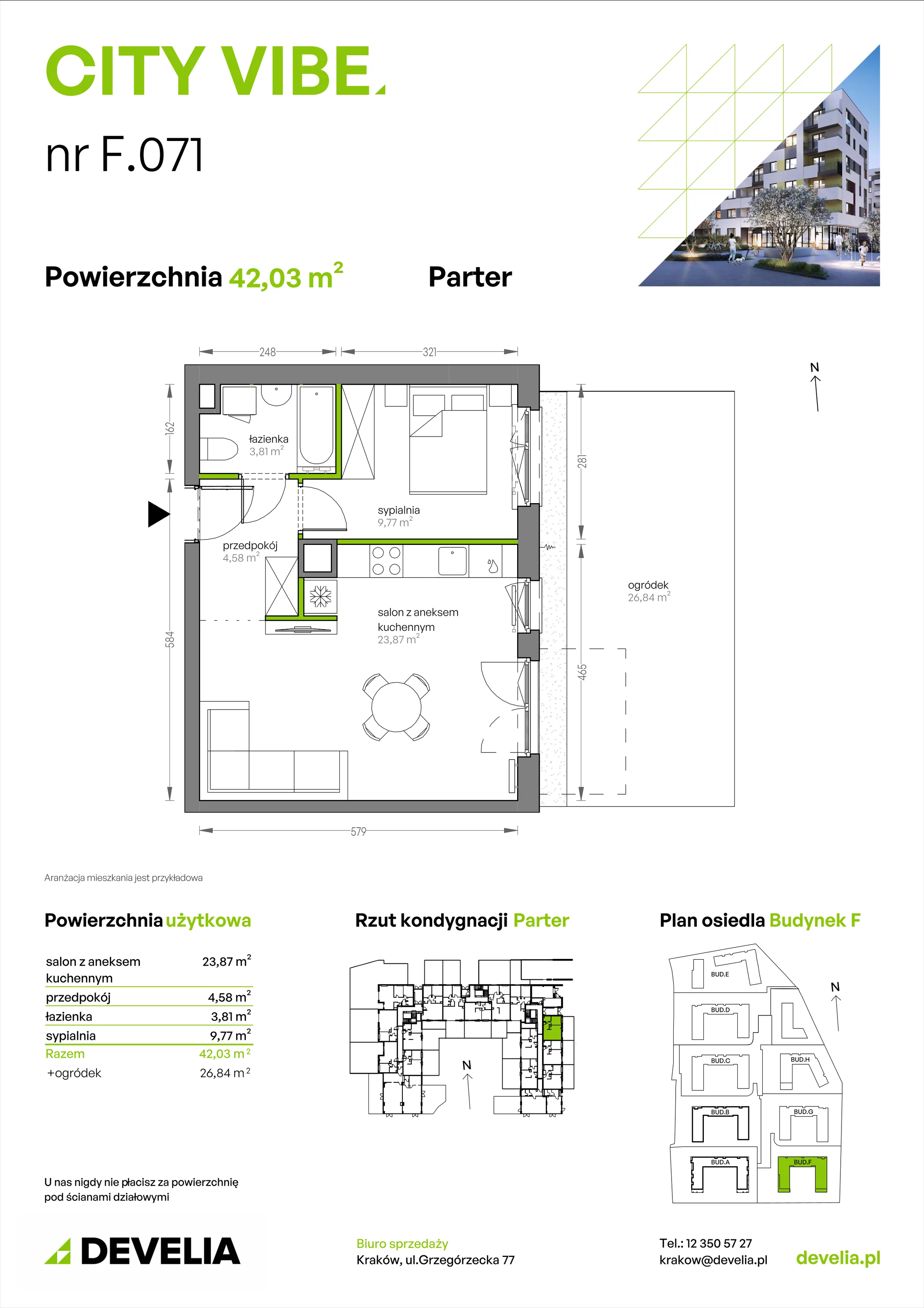 2 pokoje, mieszkanie 42,03 m², parter, oferta nr F/071, City Vibe etap V, Kraków, Podgórze, Płaszów, ul. Myśliwska 68