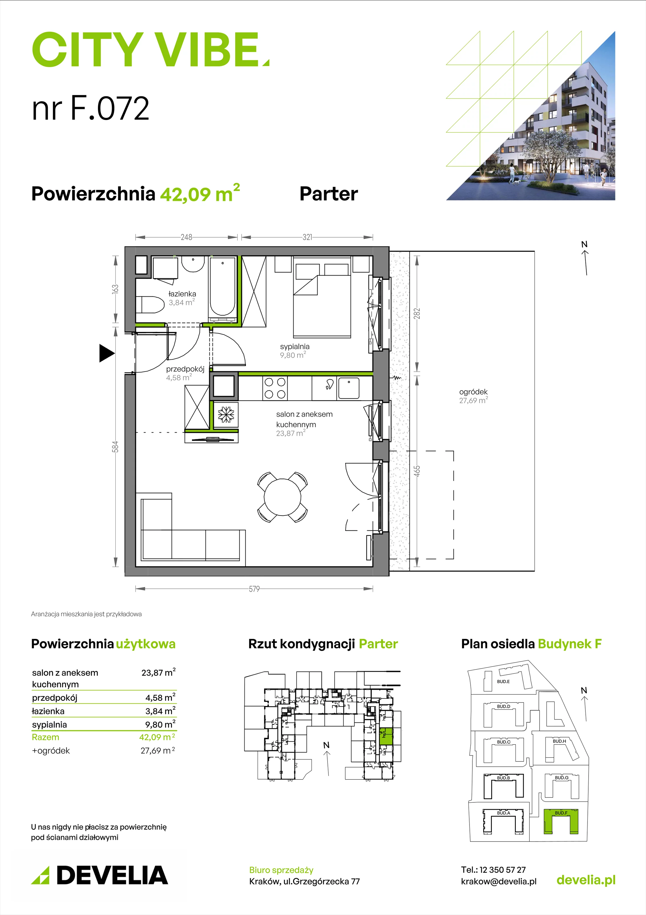 2 pokoje, mieszkanie 42,09 m², parter, oferta nr F/072, City Vibe etap V, Kraków, Podgórze, Płaszów, ul. Myśliwska 68