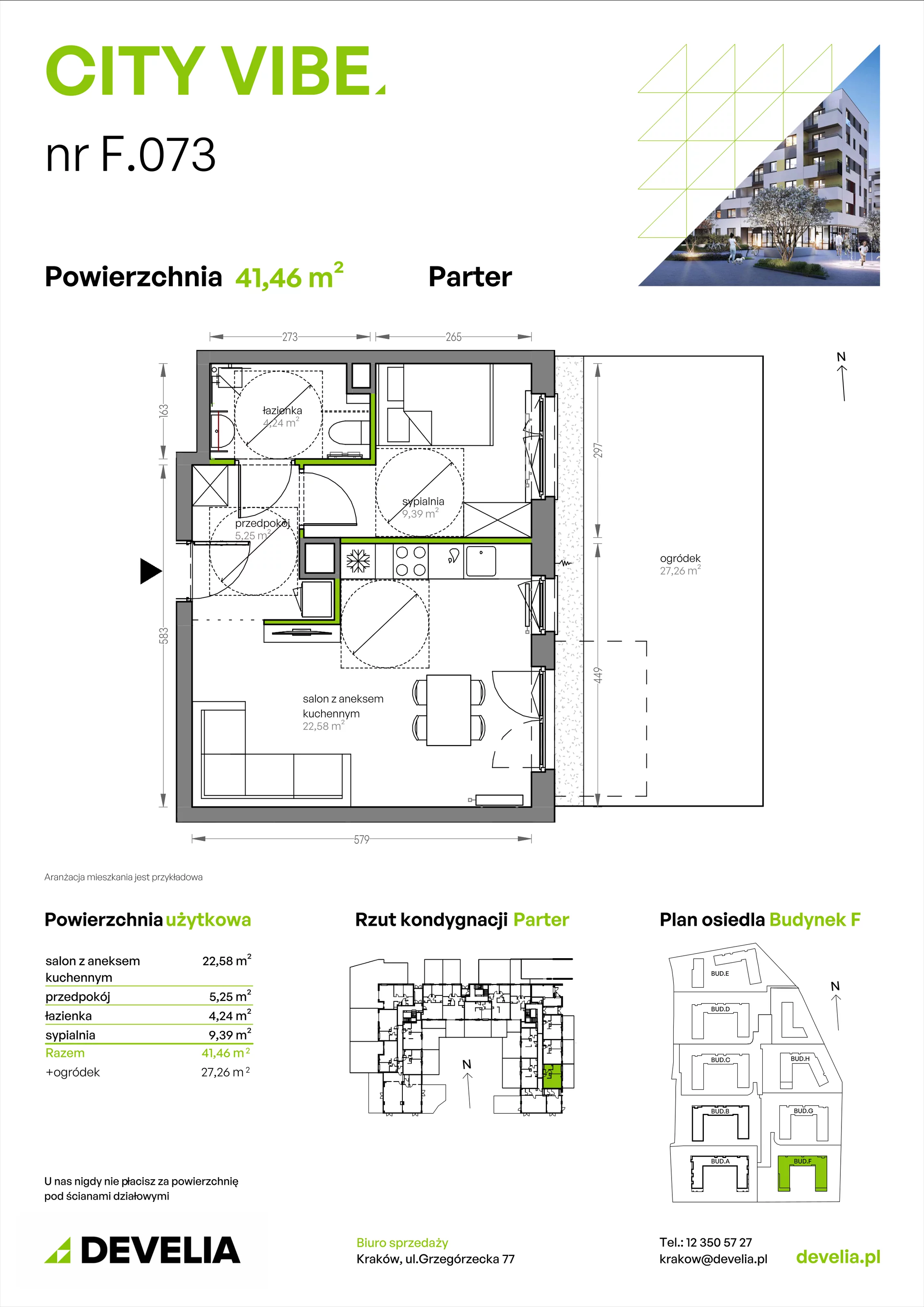 2 pokoje, mieszkanie 41,46 m², parter, oferta nr F/073, City Vibe etap V, Kraków, Podgórze, Płaszów, ul. Myśliwska 68
