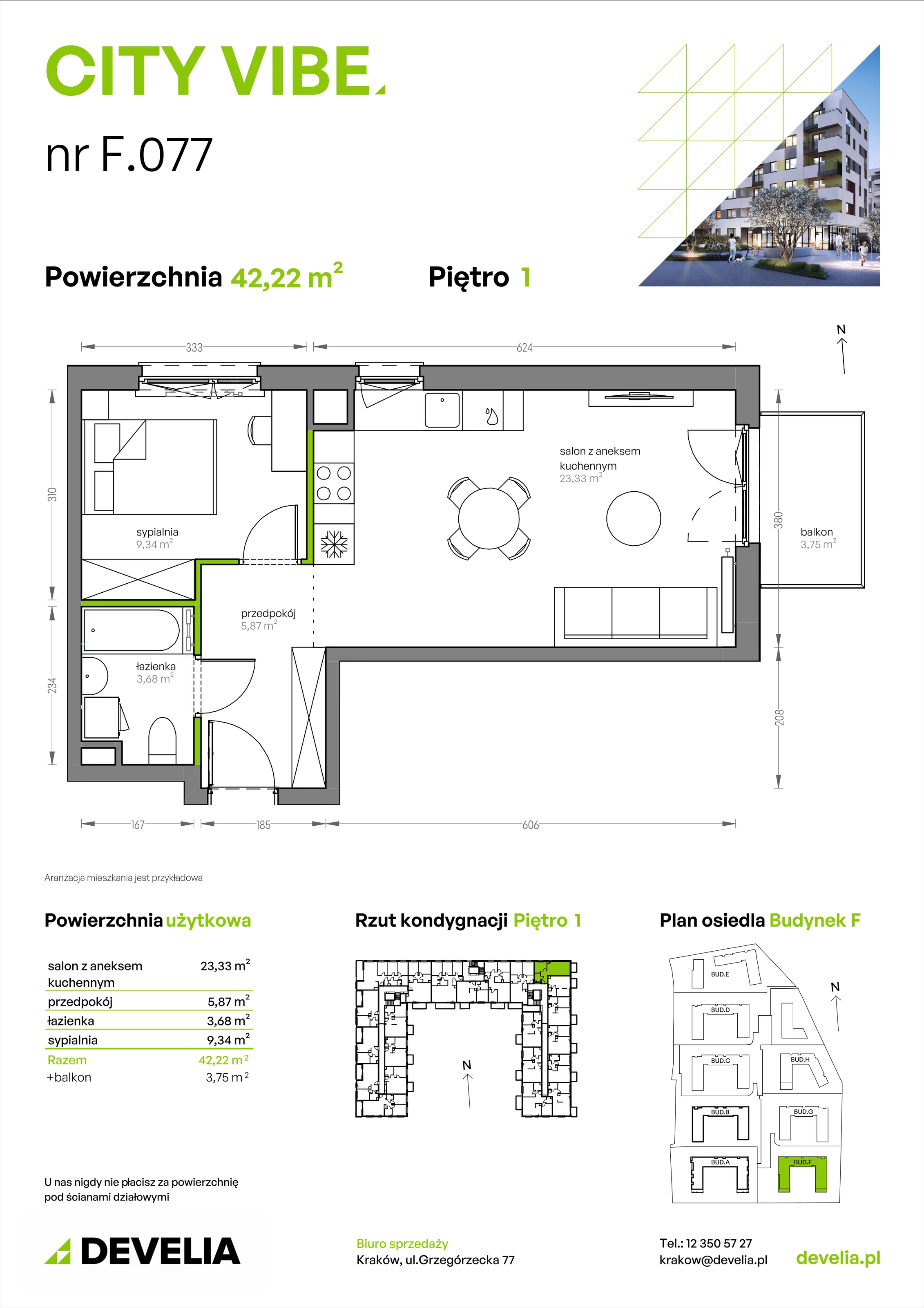 2 pokoje, mieszkanie 42,22 m², piętro 1, oferta nr F/077, City Vibe etap V, Kraków, Podgórze, Płaszów, ul. Myśliwska 68