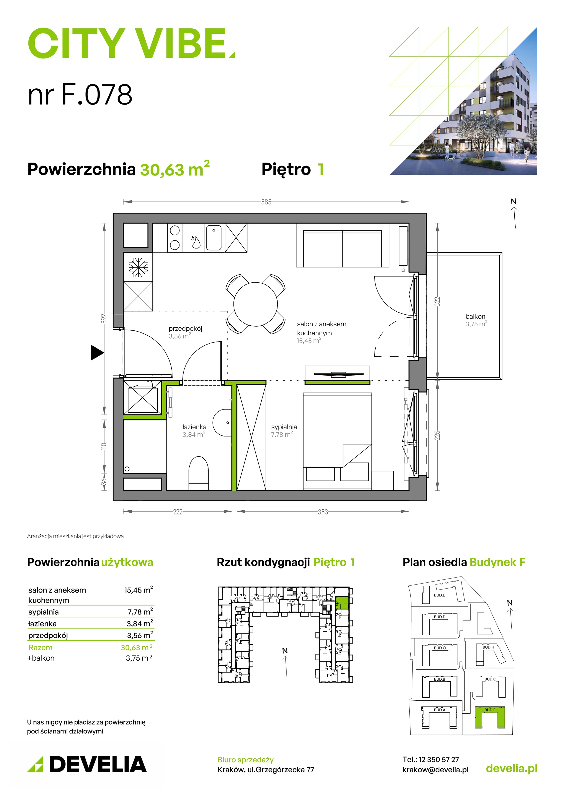 2 pokoje, mieszkanie 30,63 m², piętro 1, oferta nr F/078, City Vibe etap V, Kraków, Podgórze, Płaszów, ul. Myśliwska 68