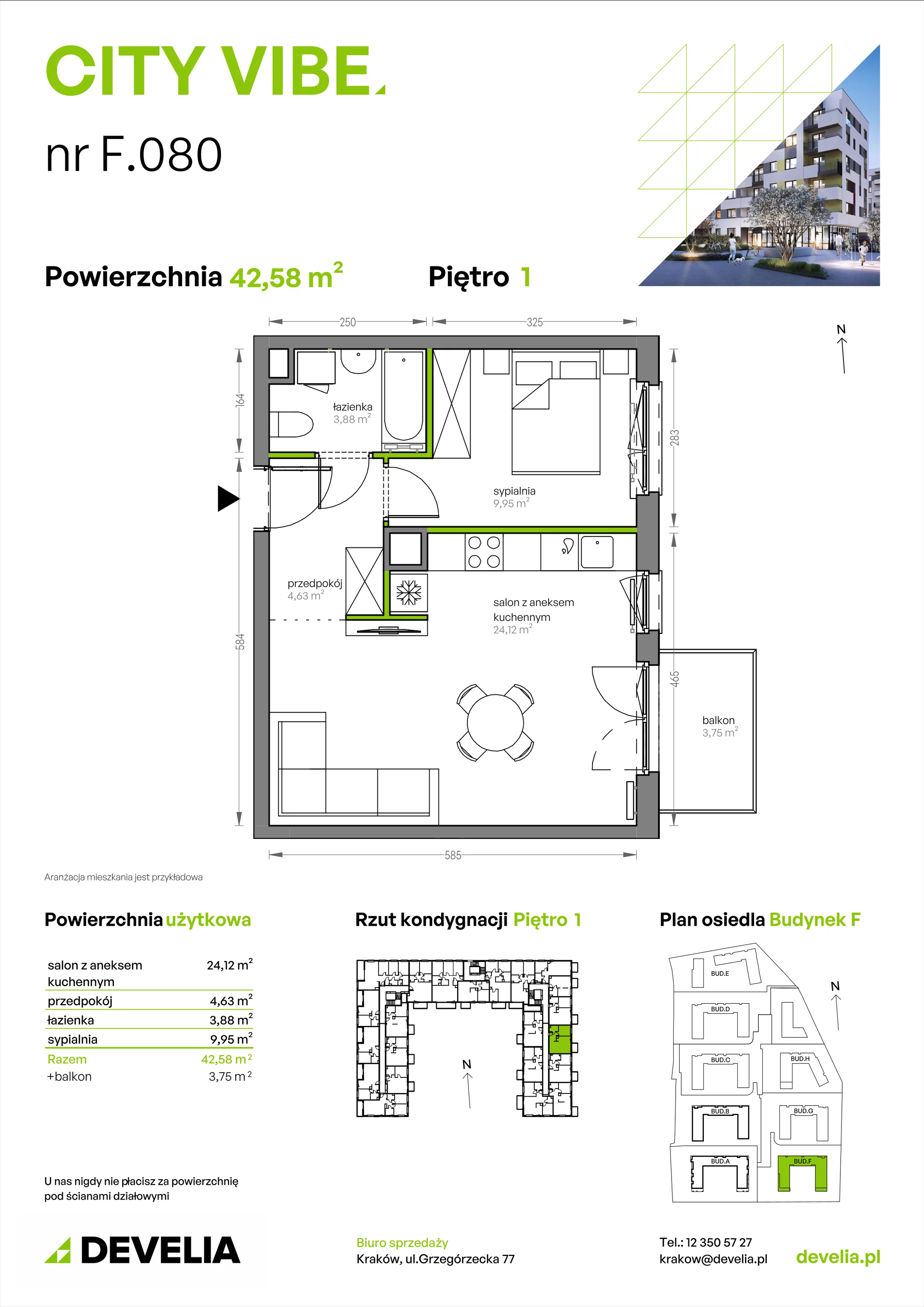 2 pokoje, mieszkanie 42,58 m², piętro 1, oferta nr F/080, City Vibe etap V, Kraków, Podgórze, Płaszów, ul. Myśliwska 68