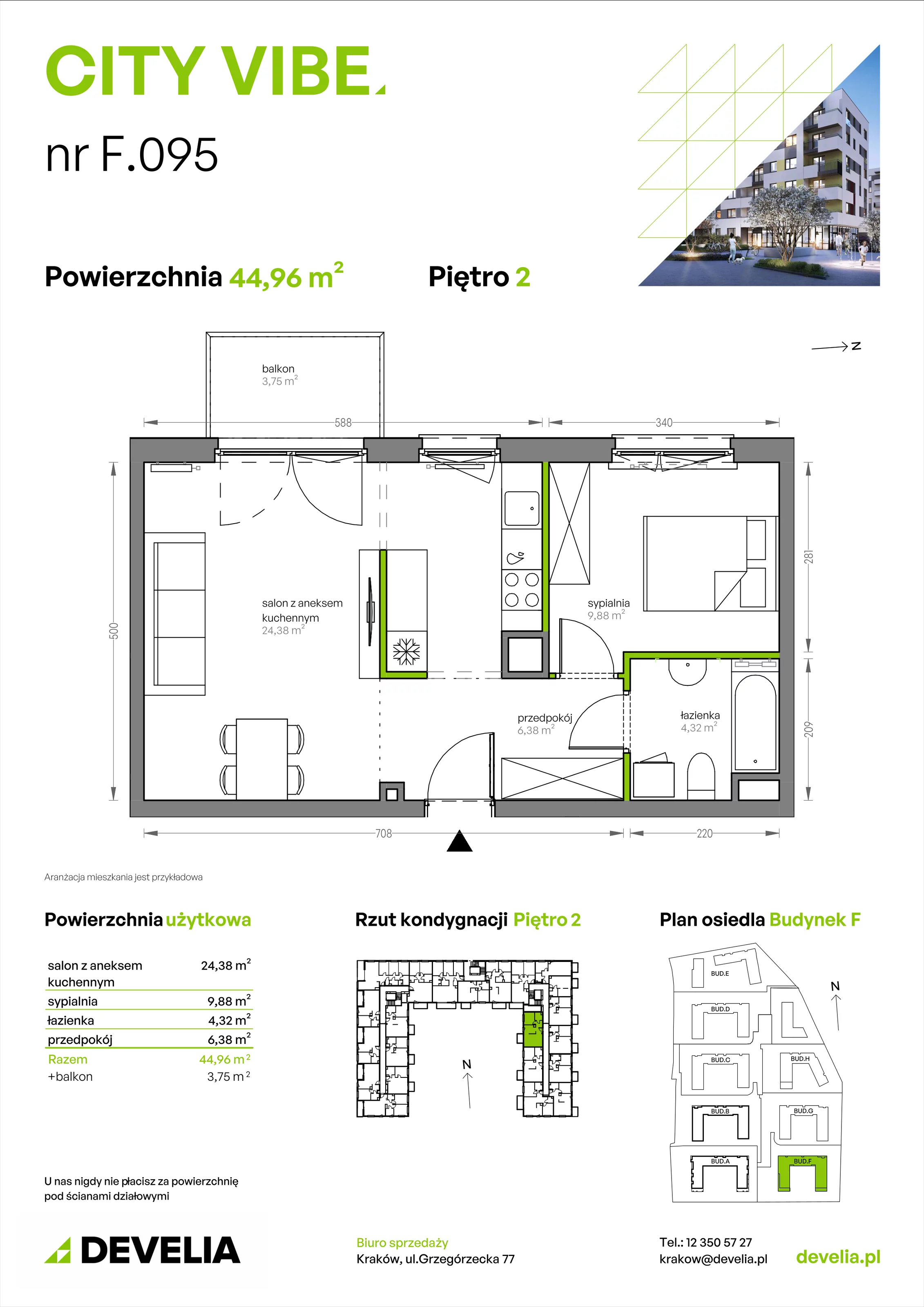 2 pokoje, mieszkanie 44,96 m², piętro 2, oferta nr F/095, City Vibe etap V, Kraków, Podgórze, Płaszów, ul. Myśliwska 68
