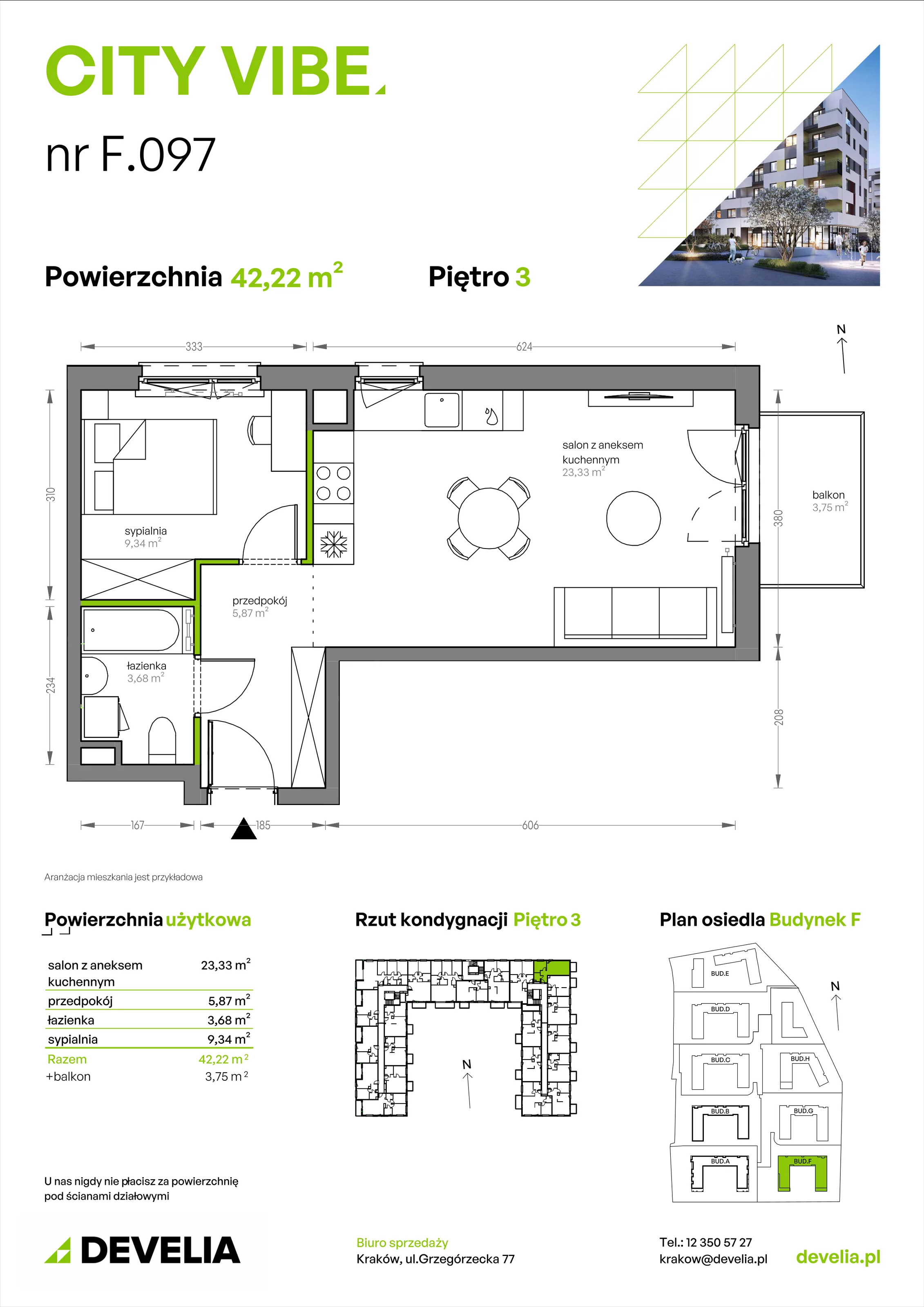2 pokoje, mieszkanie 42,22 m², piętro 3, oferta nr F/097, City Vibe etap V, Kraków, Podgórze, Płaszów, ul. Myśliwska 68