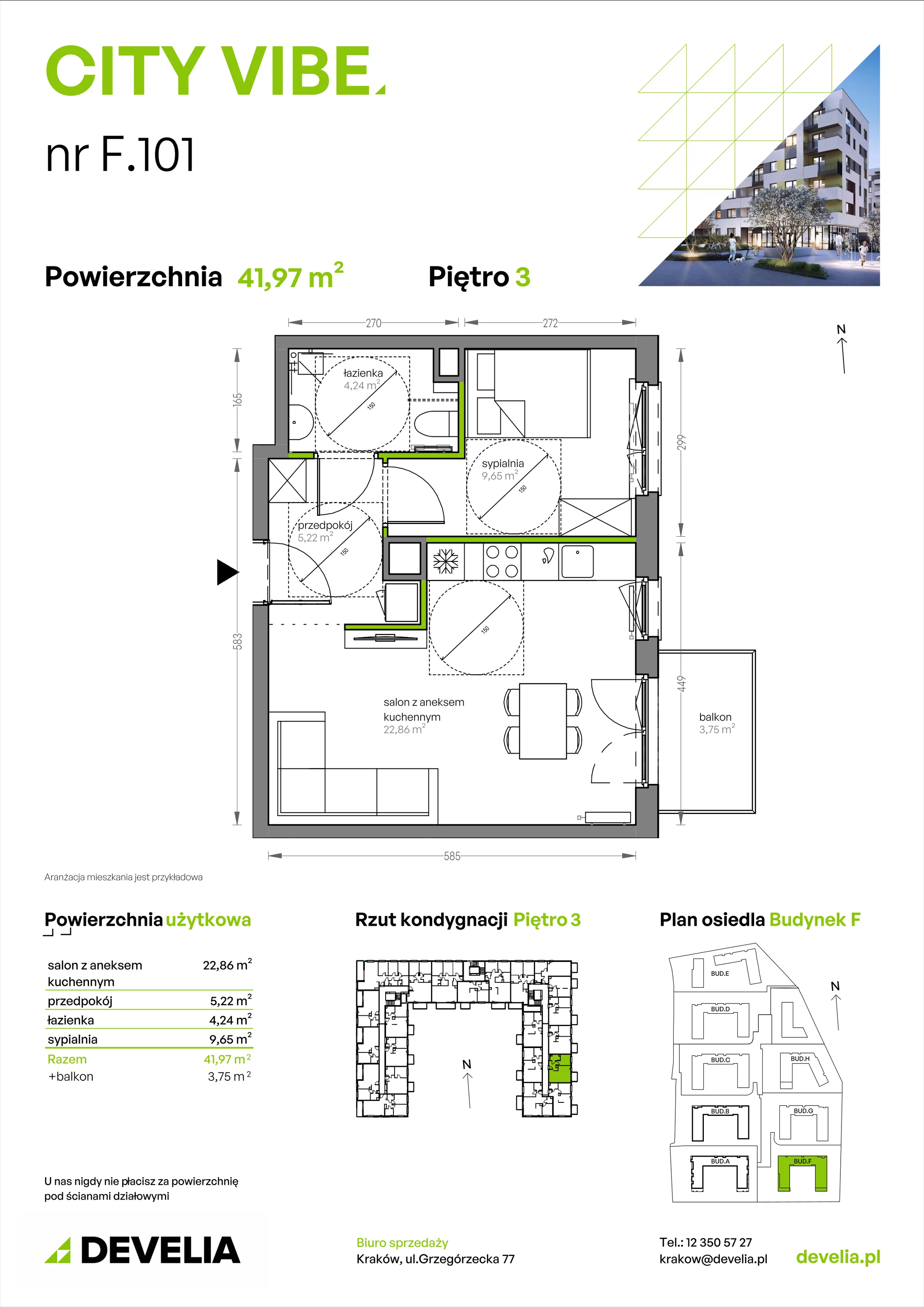 2 pokoje, mieszkanie 41,97 m², piętro 3, oferta nr F/101, City Vibe etap V, Kraków, Podgórze, Płaszów, ul. Myśliwska 68