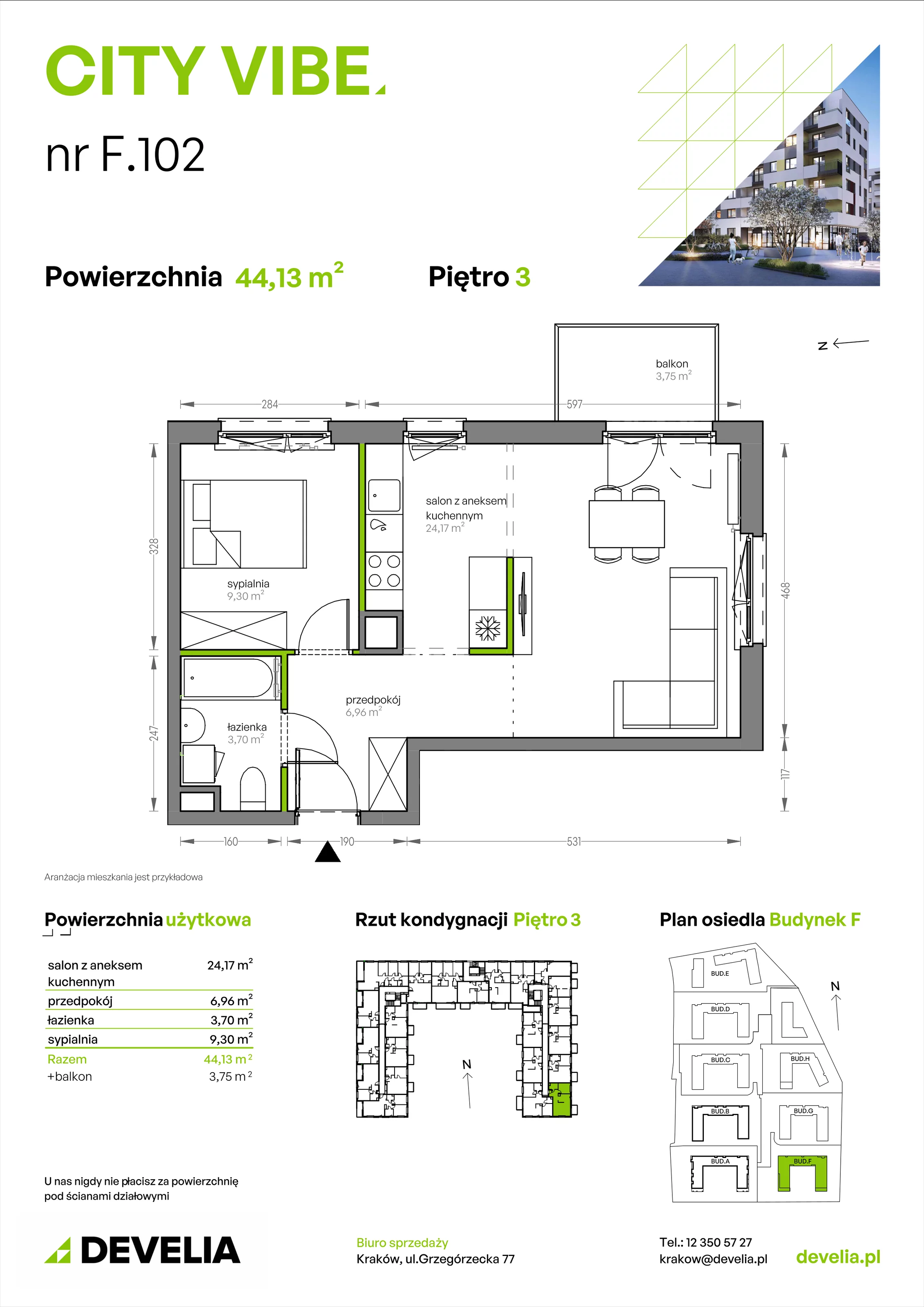 2 pokoje, mieszkanie 44,13 m², piętro 3, oferta nr F/102, City Vibe etap V, Kraków, Podgórze, Płaszów, ul. Myśliwska 68