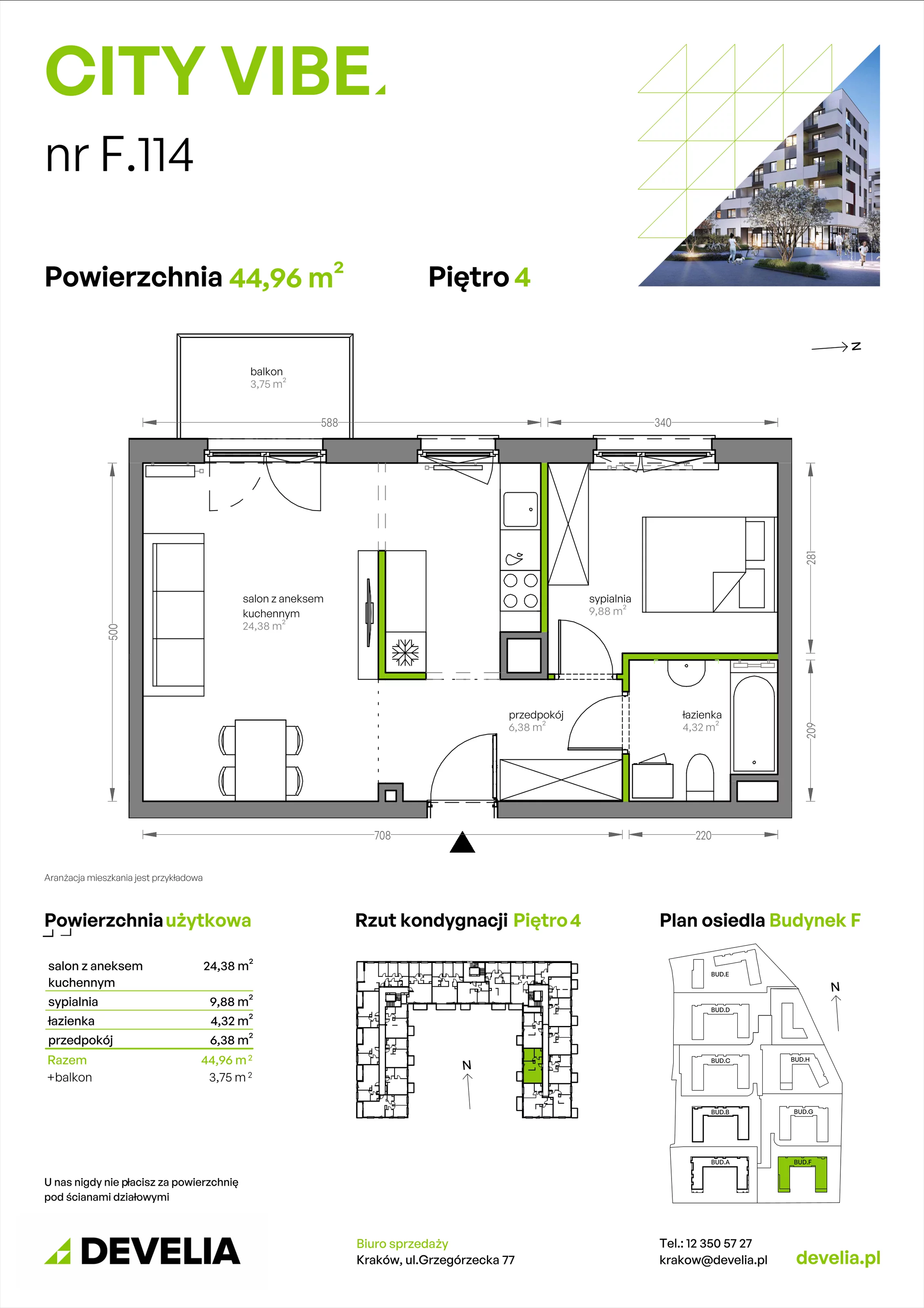 2 pokoje, mieszkanie 44,96 m², piętro 4, oferta nr F/114, City Vibe etap V, Kraków, Podgórze, Płaszów, ul. Myśliwska 68