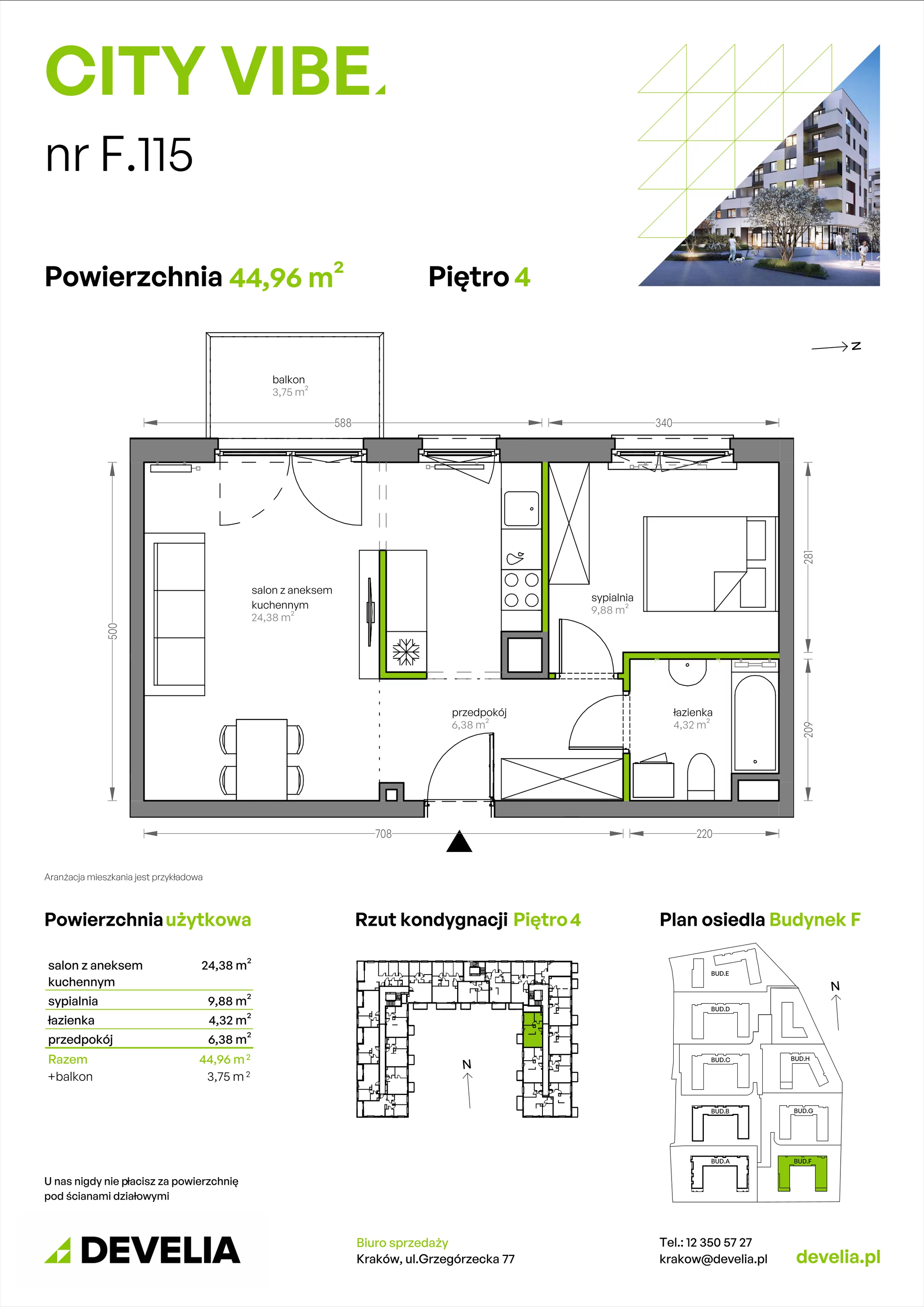 2 pokoje, mieszkanie 44,96 m², piętro 4, oferta nr F/115, City Vibe etap V, Kraków, Podgórze, Płaszów, ul. Myśliwska 68