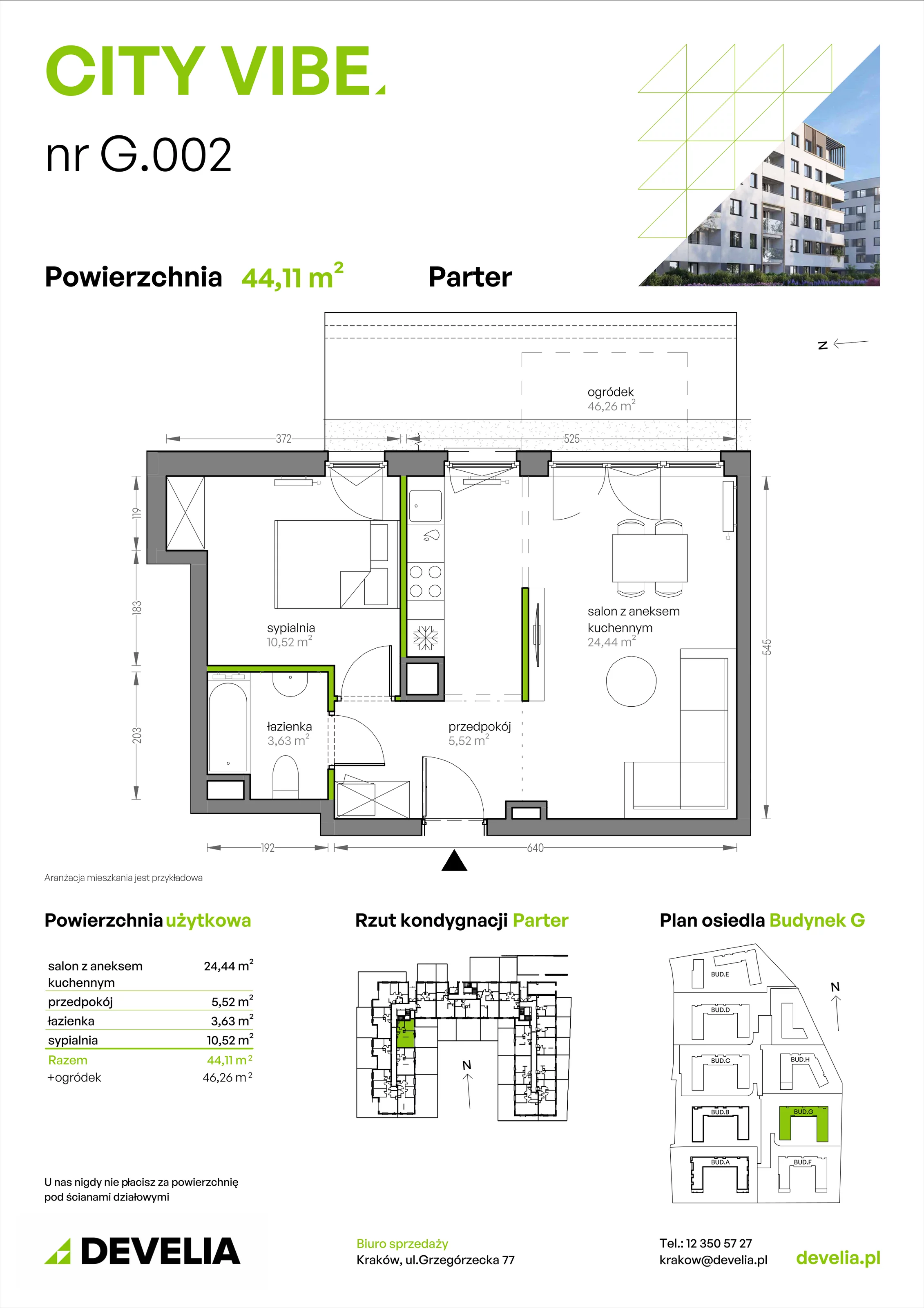 2 pokoje, mieszkanie 44,11 m², parter, oferta nr G/002, City Vibe etap V, Kraków, Podgórze, Płaszów, ul. Myśliwska 68