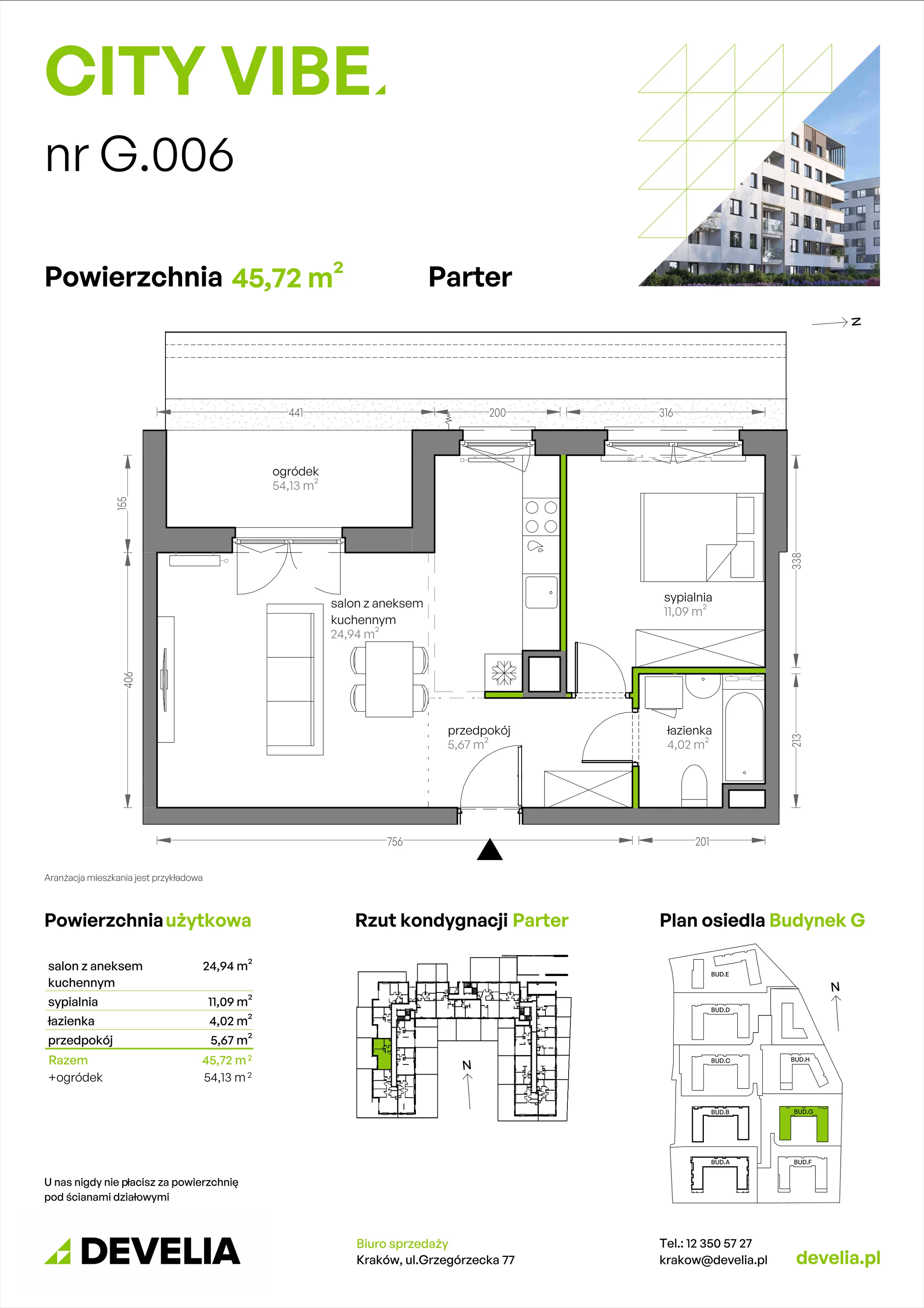 2 pokoje, mieszkanie 45,72 m², parter, oferta nr G/006, City Vibe etap V, Kraków, Podgórze, Płaszów, ul. Myśliwska 68