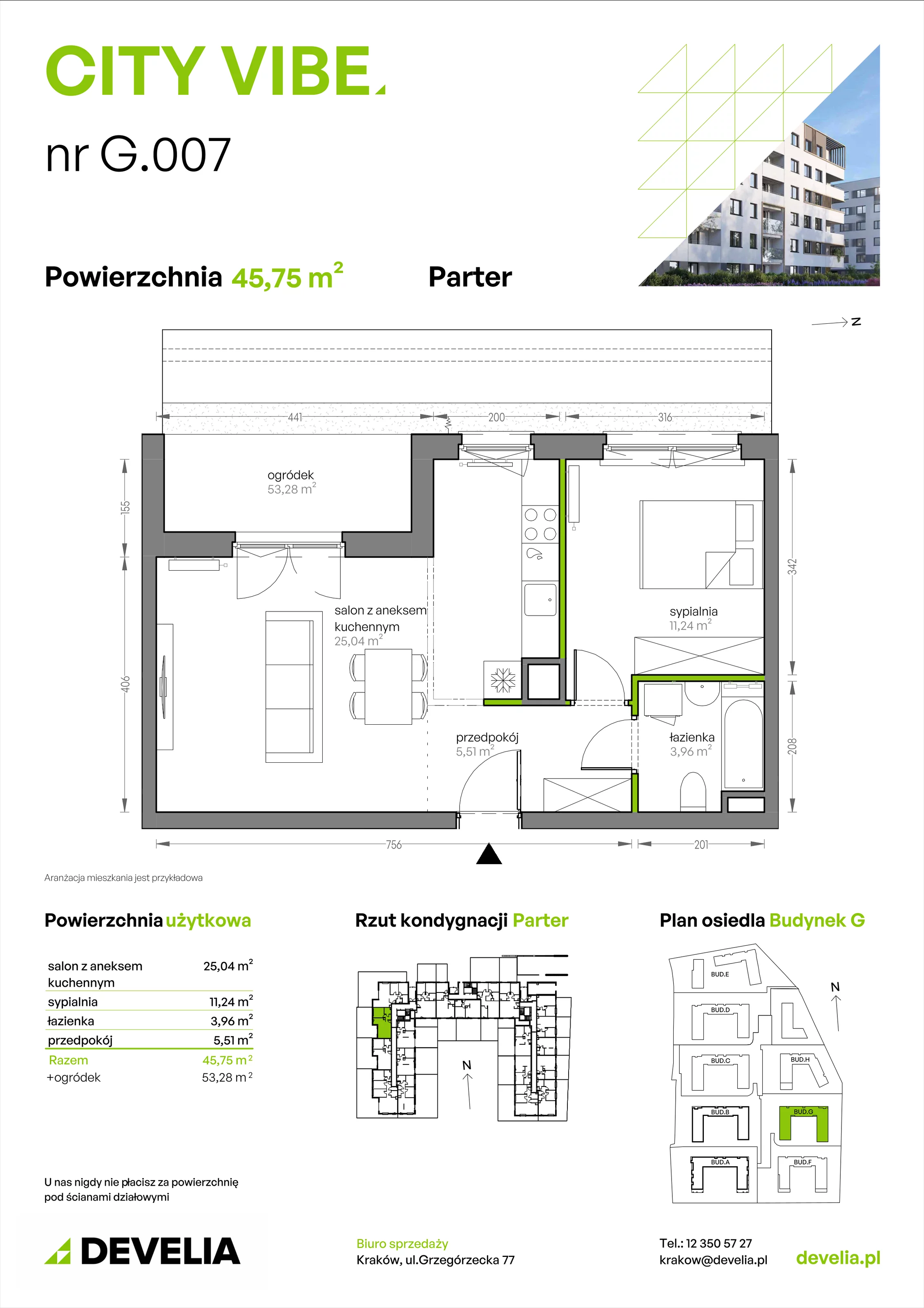 2 pokoje, mieszkanie 45,75 m², parter, oferta nr G/007, City Vibe etap V, Kraków, Podgórze, Płaszów, ul. Myśliwska 68