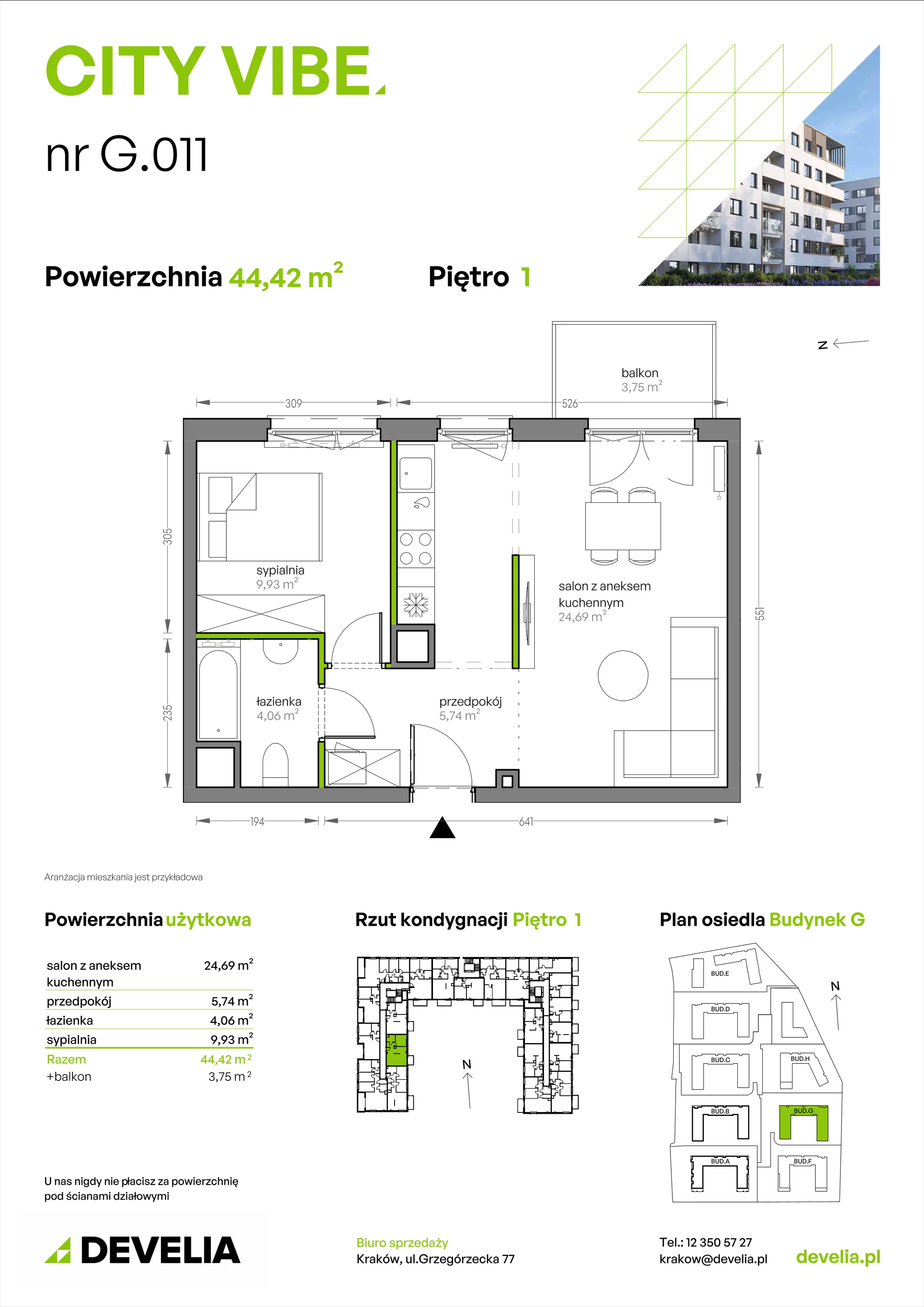 2 pokoje, mieszkanie 44,42 m², piętro 1, oferta nr G/011, City Vibe etap V, Kraków, Podgórze, Płaszów, ul. Myśliwska 68