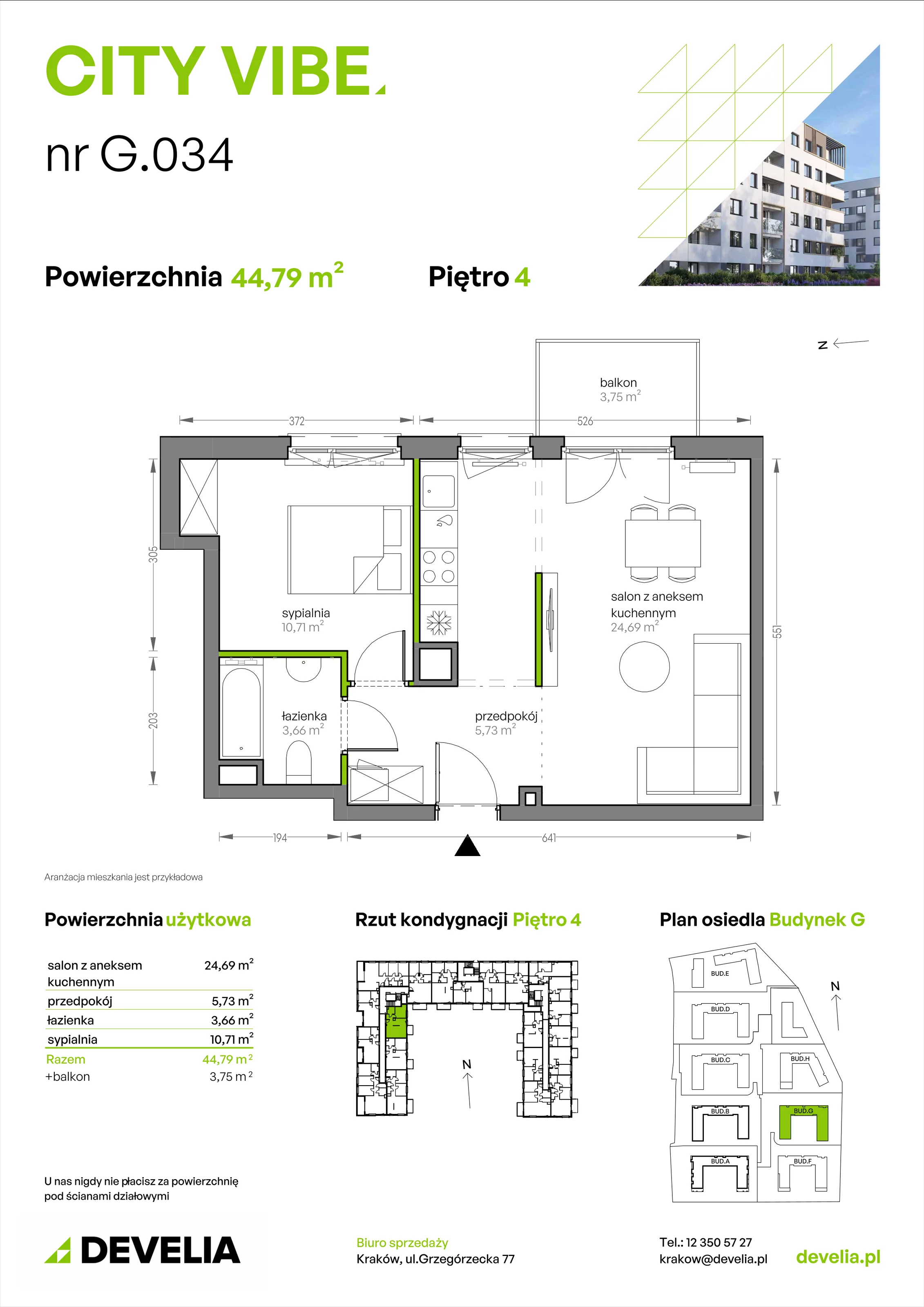 2 pokoje, mieszkanie 44,79 m², piętro 4, oferta nr G/034, City Vibe etap V, Kraków, Podgórze, Płaszów, ul. Myśliwska 68