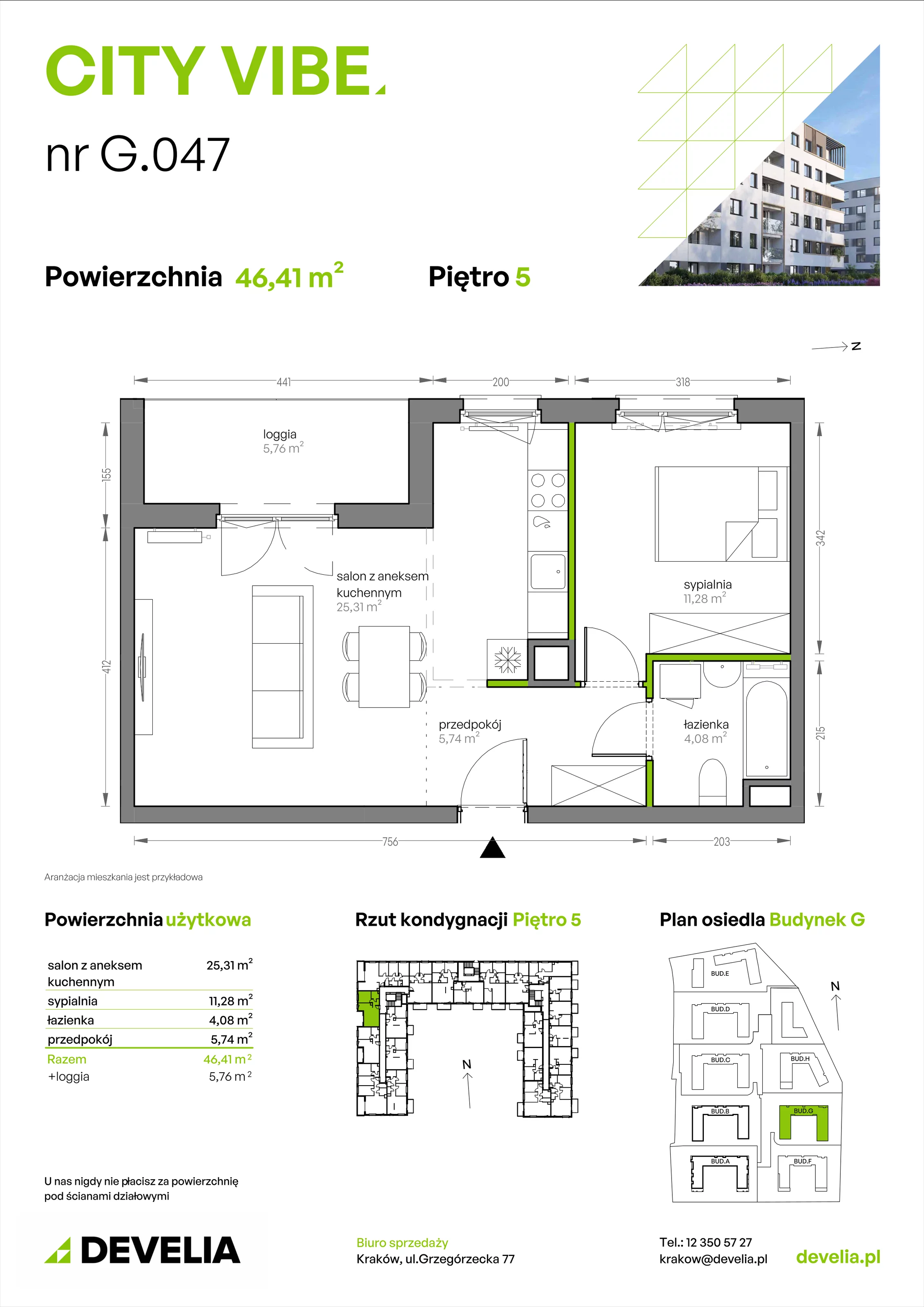 2 pokoje, mieszkanie 46,41 m², piętro 5, oferta nr G/047, City Vibe etap V, Kraków, Podgórze, Płaszów, ul. Myśliwska 68