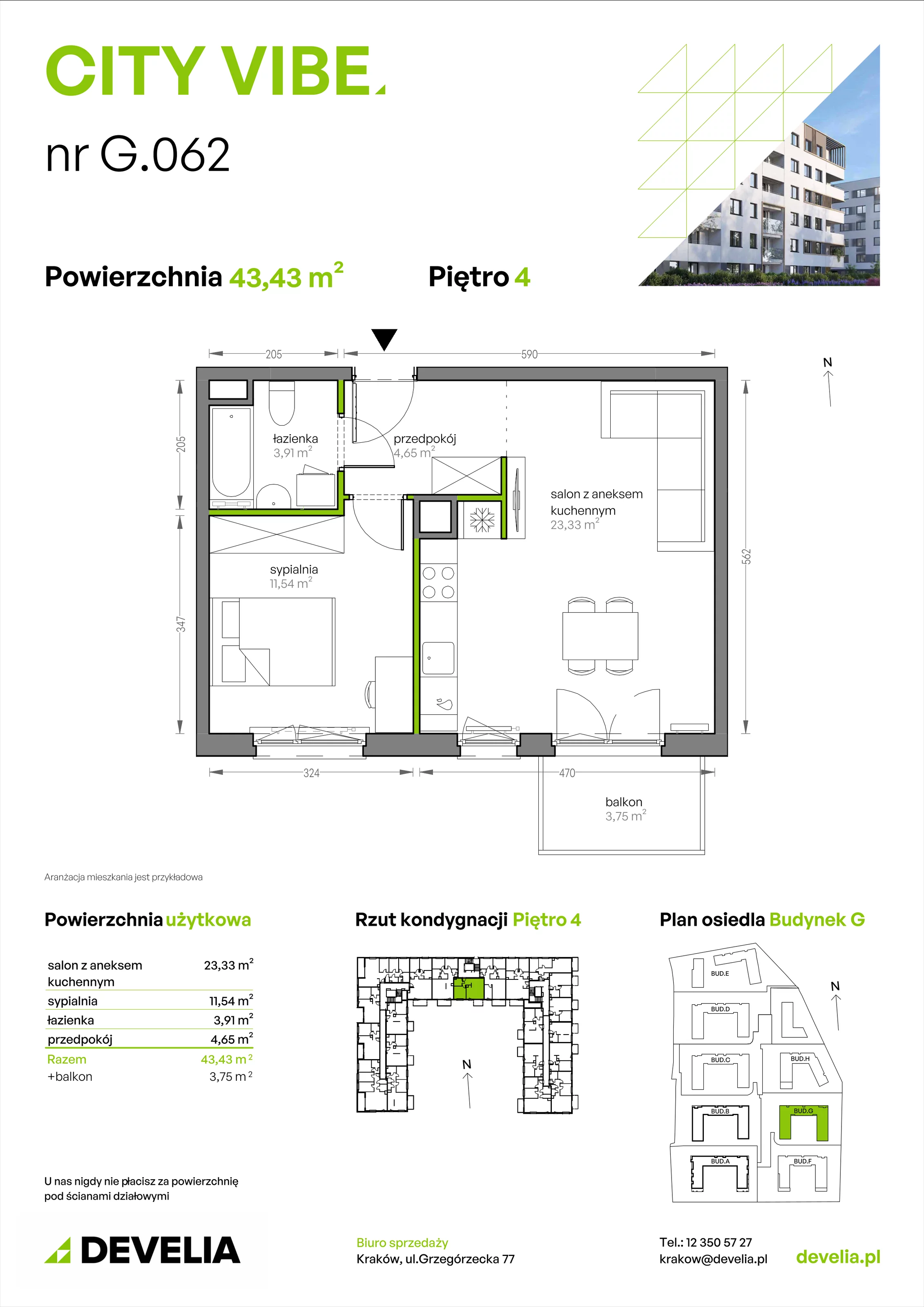 2 pokoje, mieszkanie 43,43 m², piętro 4, oferta nr G/062, City Vibe etap V, Kraków, Podgórze, Płaszów, ul. Myśliwska 68