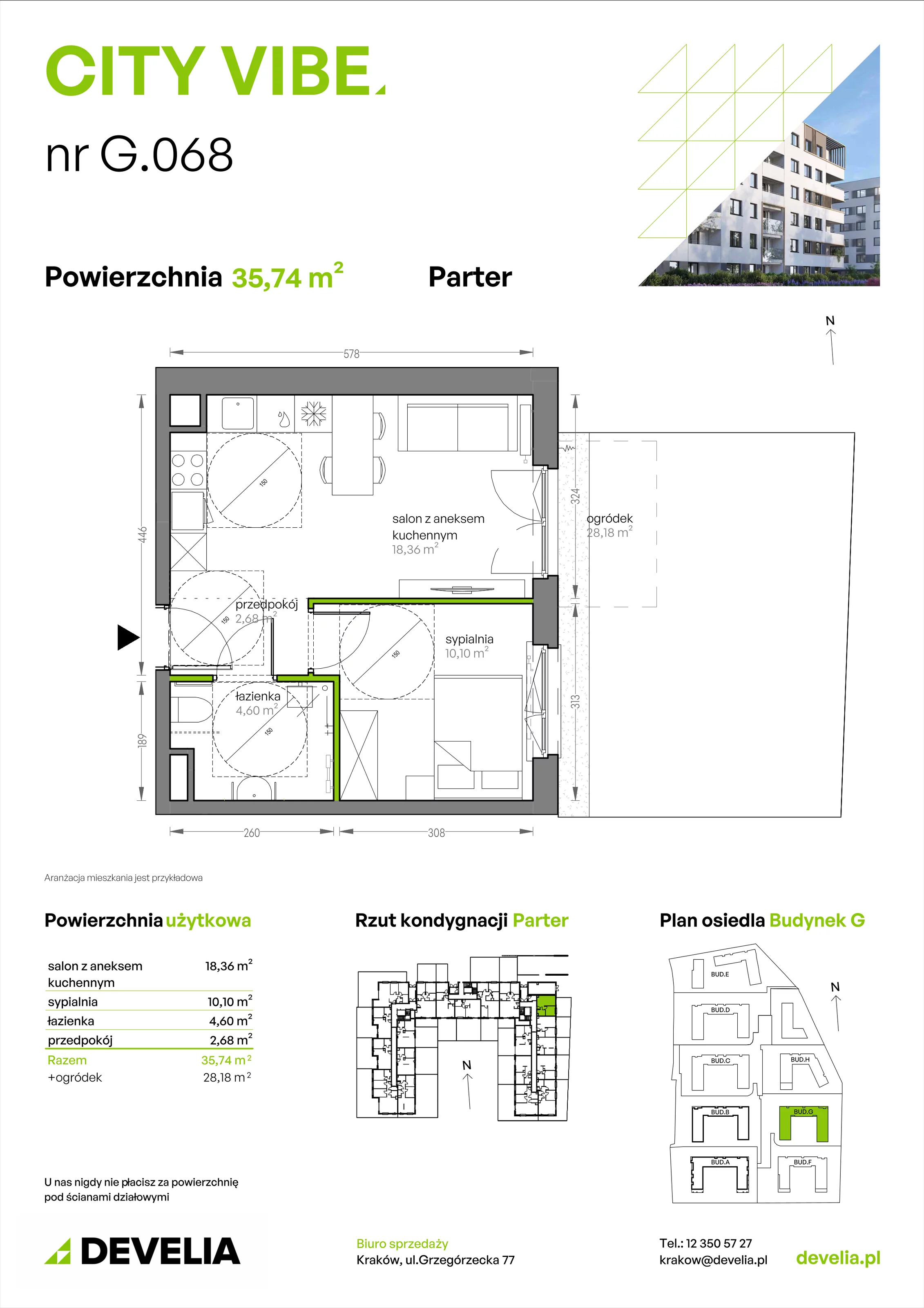 2 pokoje, mieszkanie 35,74 m², parter, oferta nr G/068, City Vibe etap V, Kraków, Podgórze, Płaszów, ul. Myśliwska 68