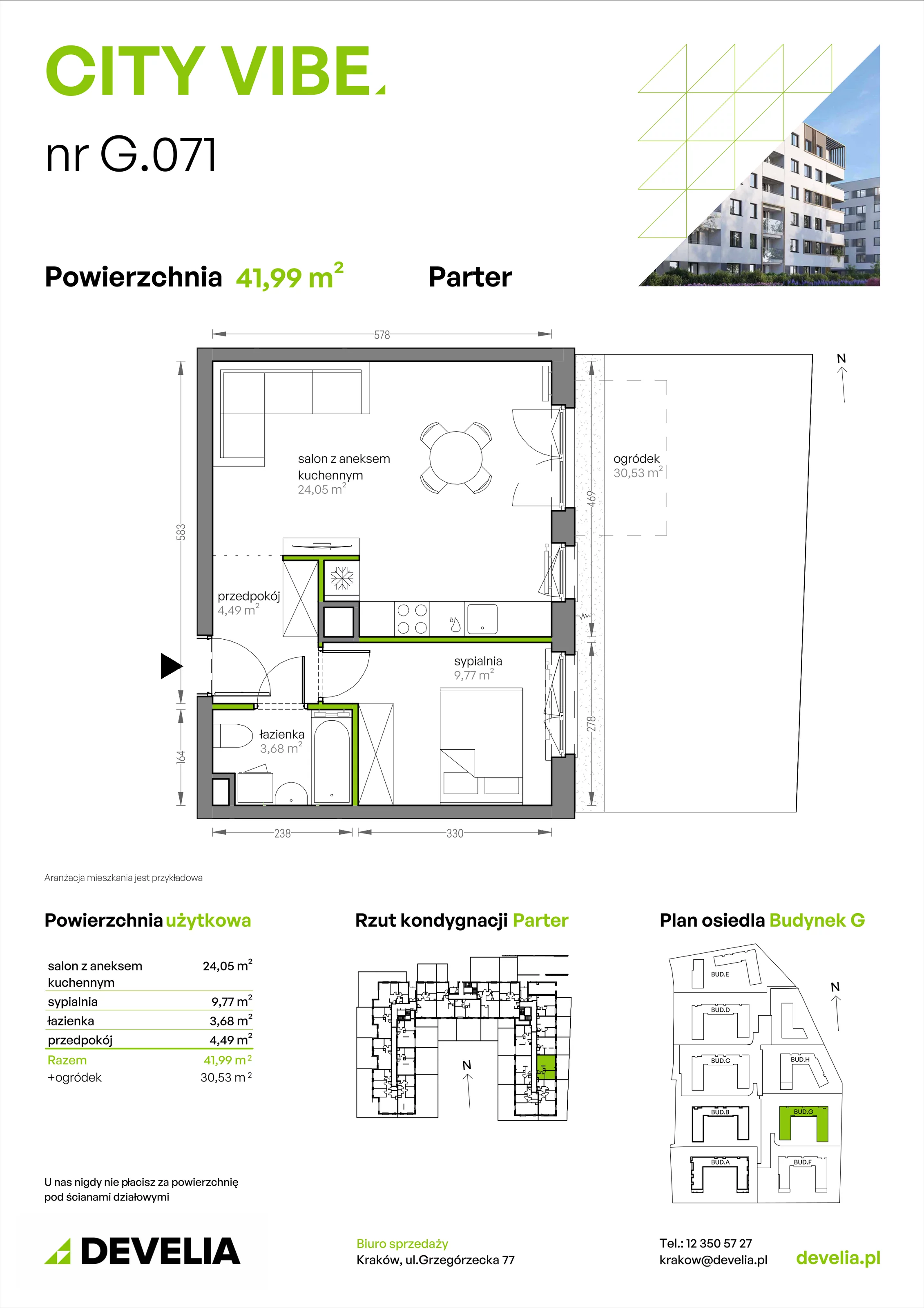 2 pokoje, mieszkanie 41,99 m², parter, oferta nr G/071, City Vibe etap V, Kraków, Podgórze, Płaszów, ul. Myśliwska 68