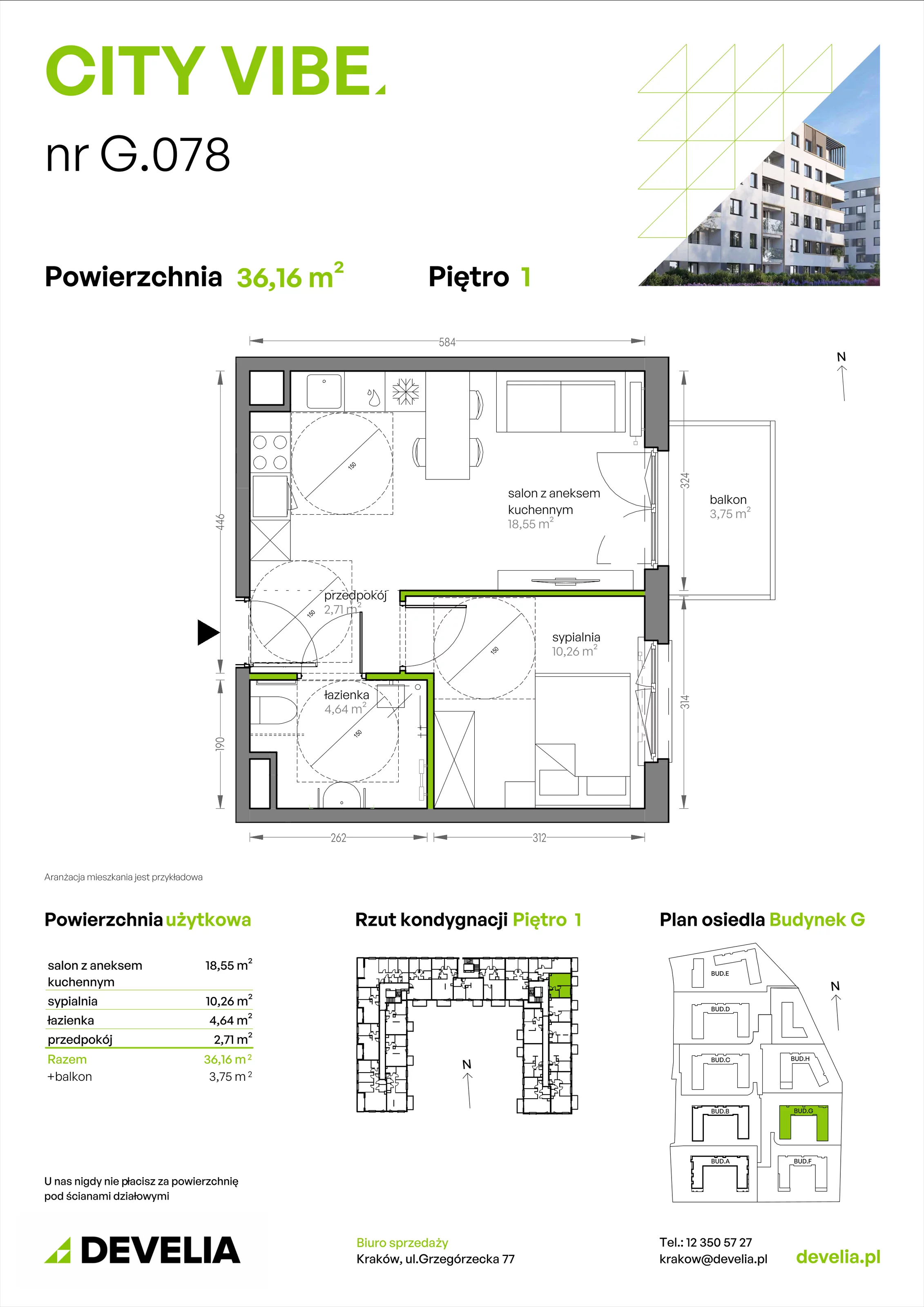 2 pokoje, mieszkanie 36,16 m², piętro 1, oferta nr G/078, City Vibe etap V, Kraków, Podgórze, Płaszów, ul. Myśliwska 68