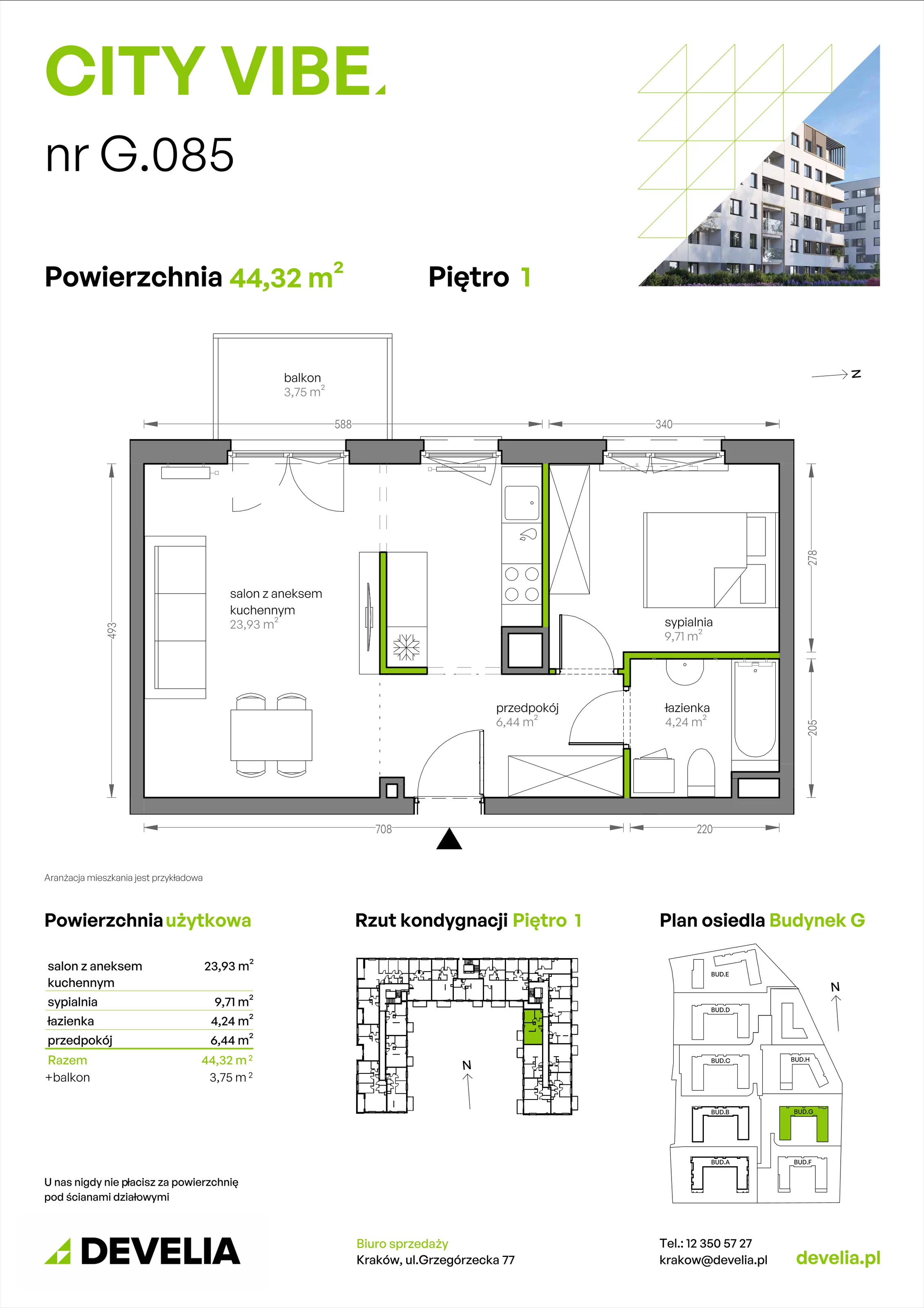2 pokoje, mieszkanie 44,32 m², piętro 1, oferta nr G/085, City Vibe etap V, Kraków, Podgórze, Płaszów, ul. Myśliwska 68