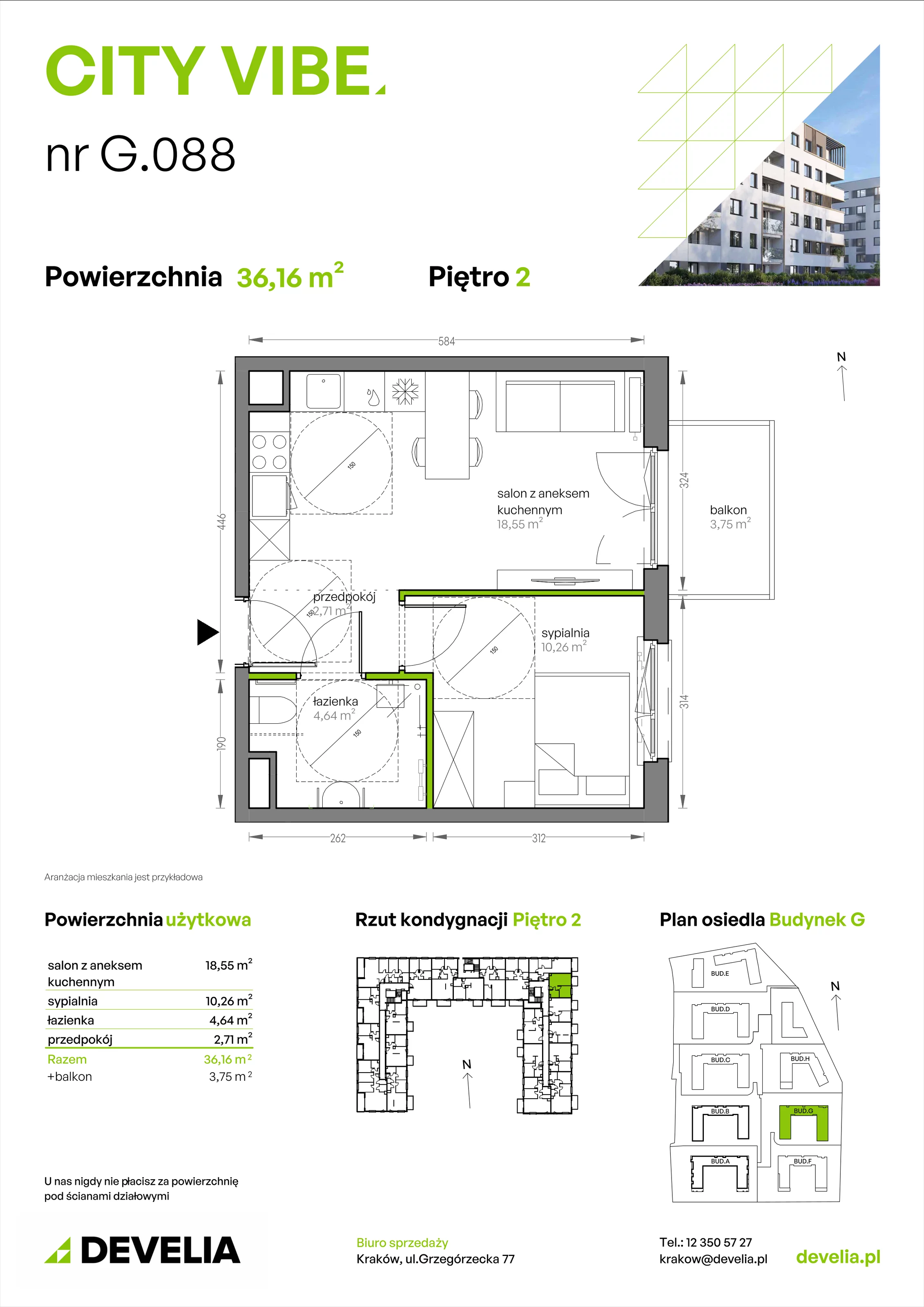 2 pokoje, mieszkanie 36,16 m², piętro 2, oferta nr G/088, City Vibe etap V, Kraków, Podgórze, Płaszów, ul. Myśliwska 68