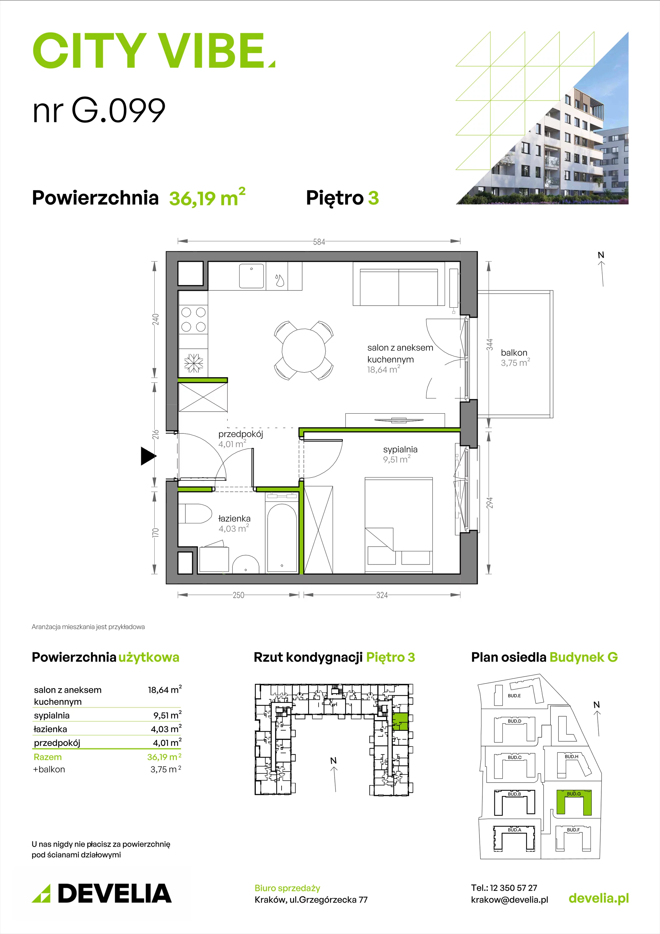 2 pokoje, mieszkanie 36,19 m², piętro 3, oferta nr G/099, City Vibe etap V, Kraków, Podgórze, Płaszów, ul. Myśliwska 68