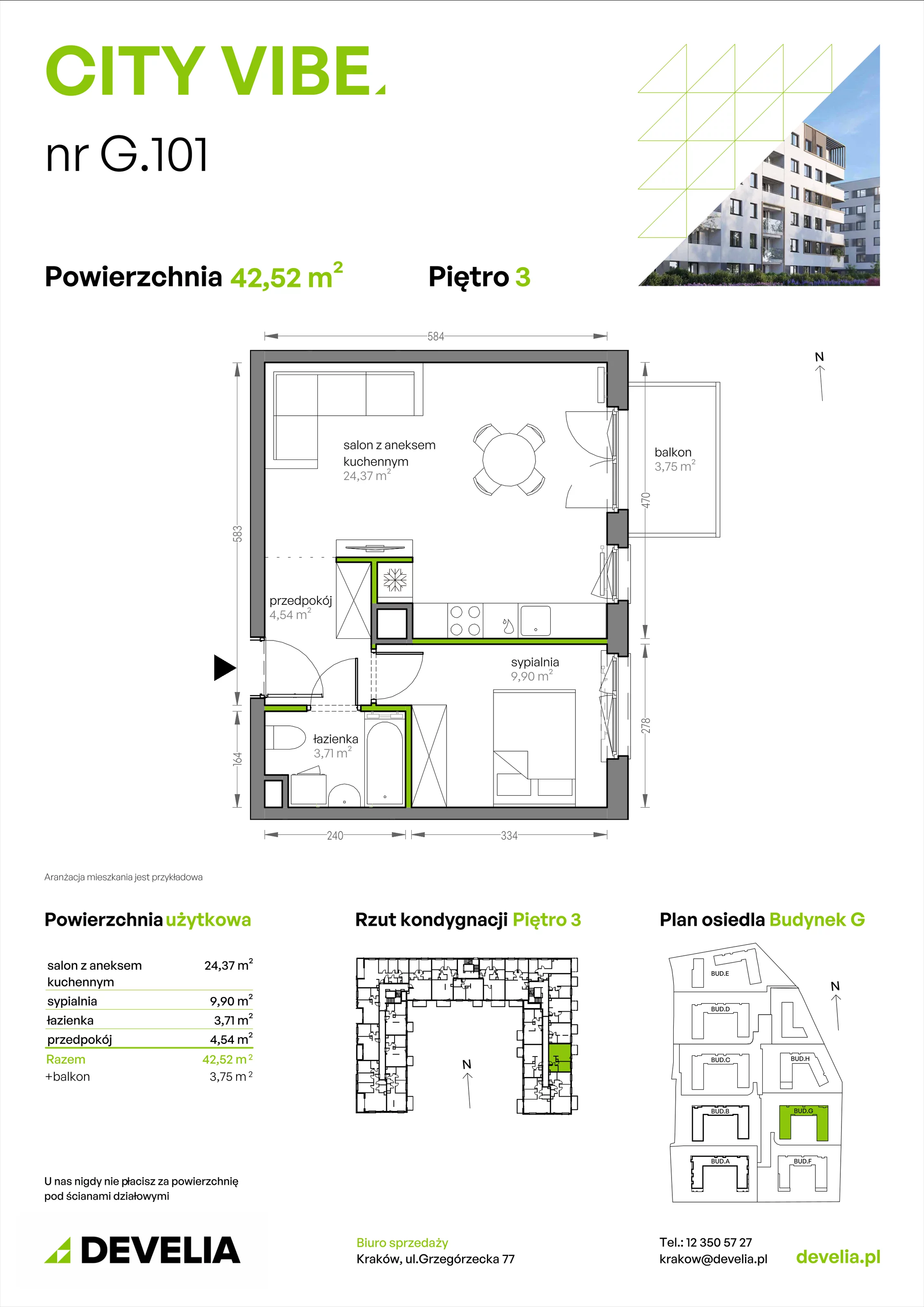 2 pokoje, mieszkanie 42,52 m², piętro 3, oferta nr G/101, City Vibe etap V, Kraków, Podgórze, Płaszów, ul. Myśliwska 68