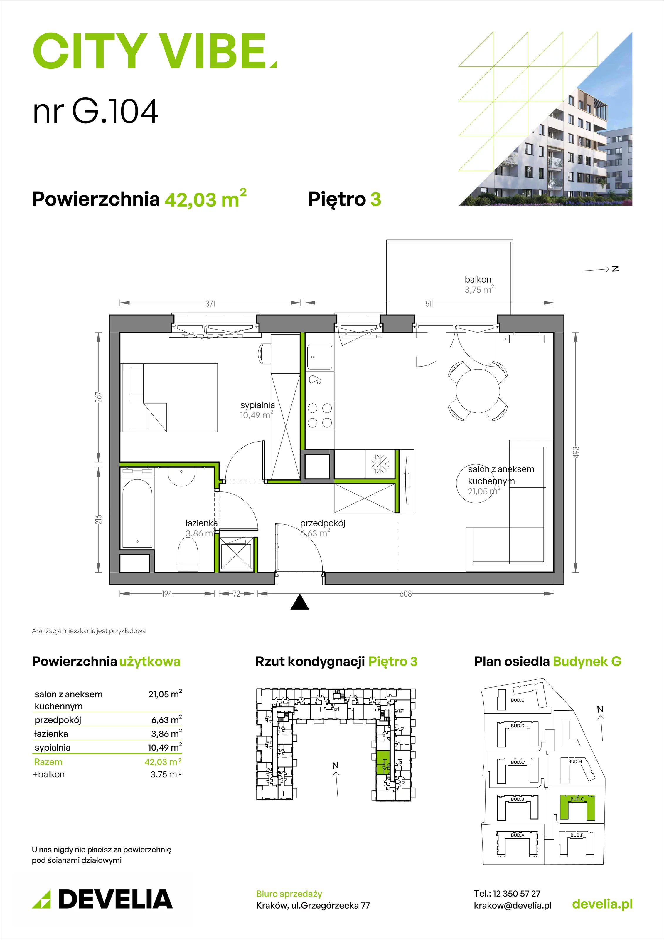 2 pokoje, mieszkanie 42,03 m², piętro 3, oferta nr G/104, City Vibe etap V, Kraków, Podgórze, Płaszów, ul. Myśliwska 68