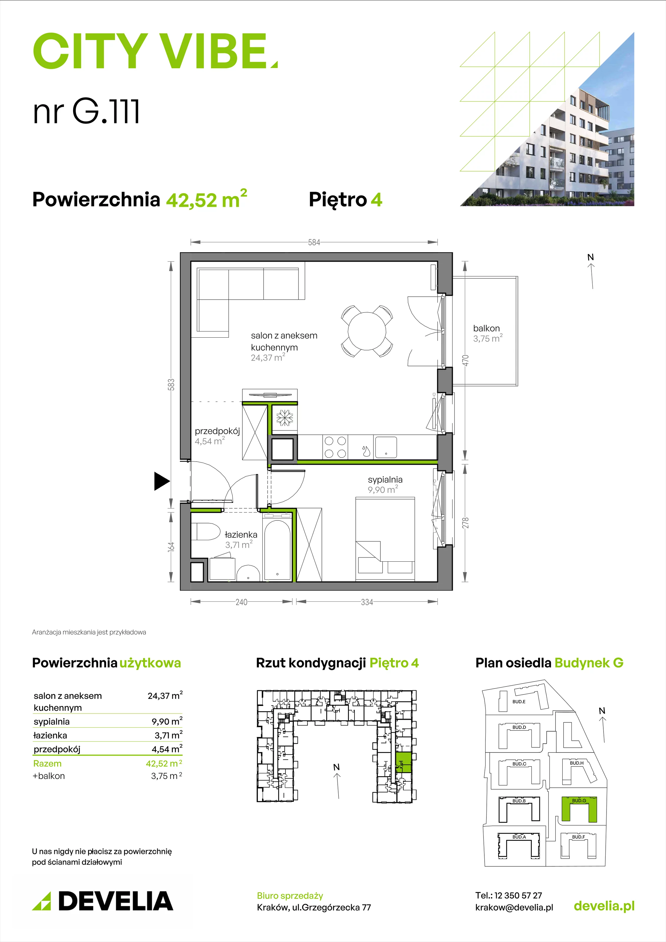 2 pokoje, mieszkanie 42,52 m², piętro 4, oferta nr G/111, City Vibe etap V, Kraków, Podgórze, Płaszów, ul. Myśliwska 68