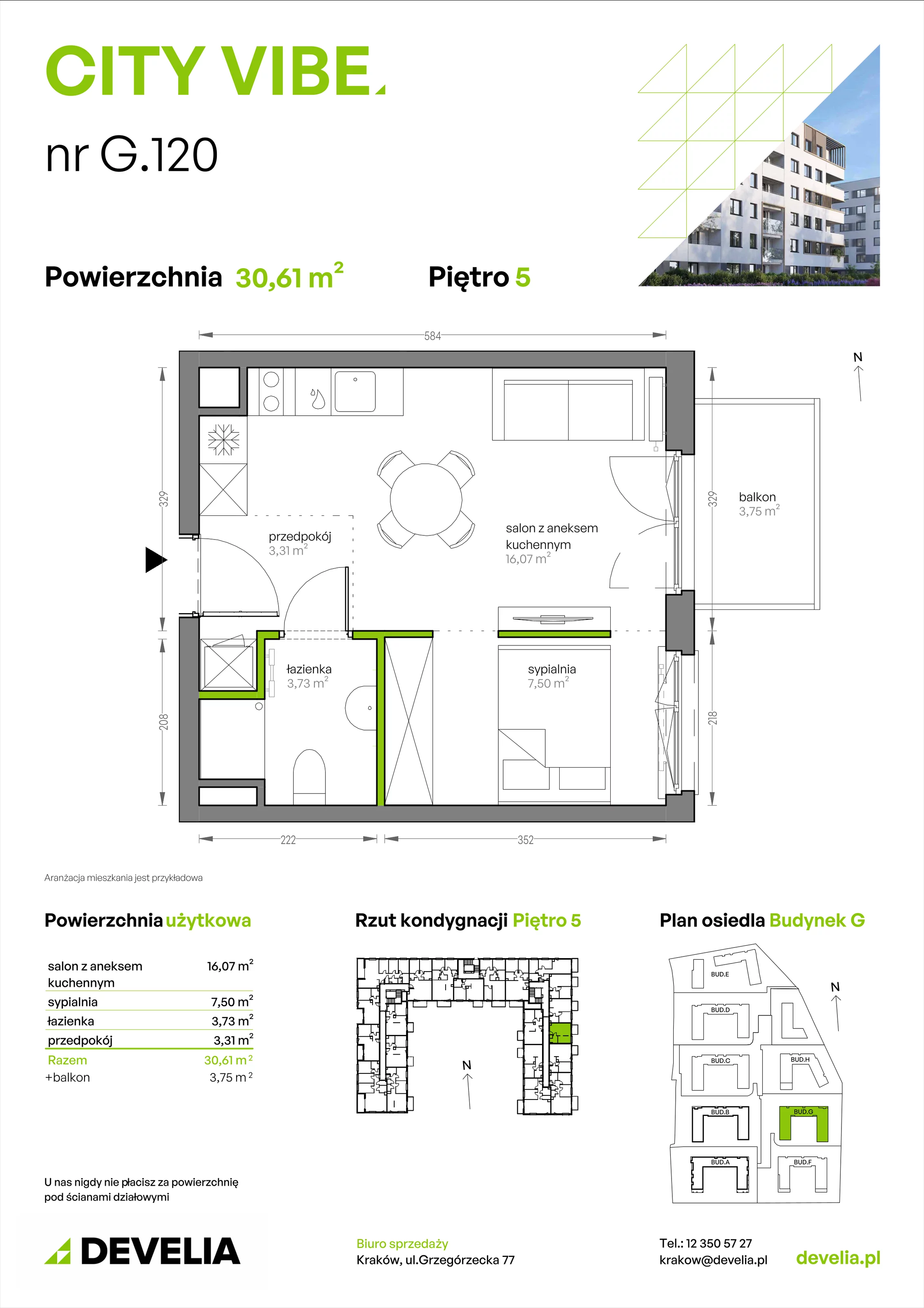 2 pokoje, mieszkanie 30,61 m², piętro 5, oferta nr G/120, City Vibe etap V, Kraków, Podgórze, Płaszów, ul. Myśliwska 68