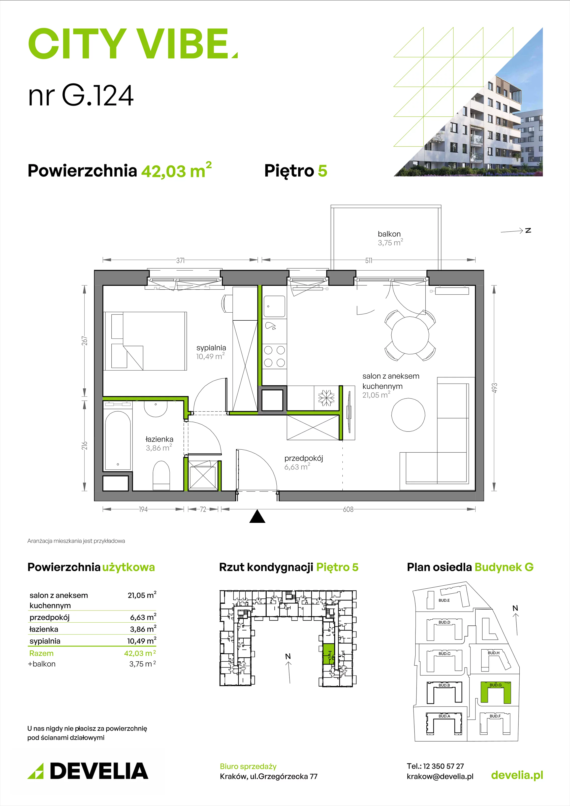 2 pokoje, mieszkanie 42,03 m², piętro 5, oferta nr G/124, City Vibe etap V, Kraków, Podgórze, Płaszów, ul. Myśliwska 68