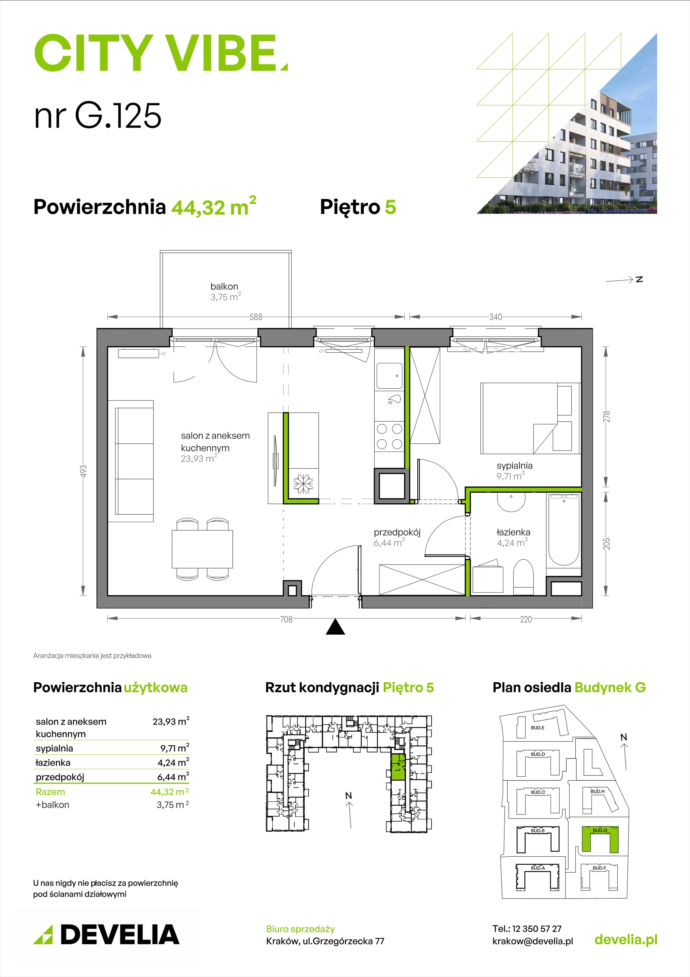 2 pokoje, mieszkanie 44,32 m², piętro 5, oferta nr G/125, City Vibe etap V, Kraków, Podgórze, Płaszów, ul. Myśliwska 68