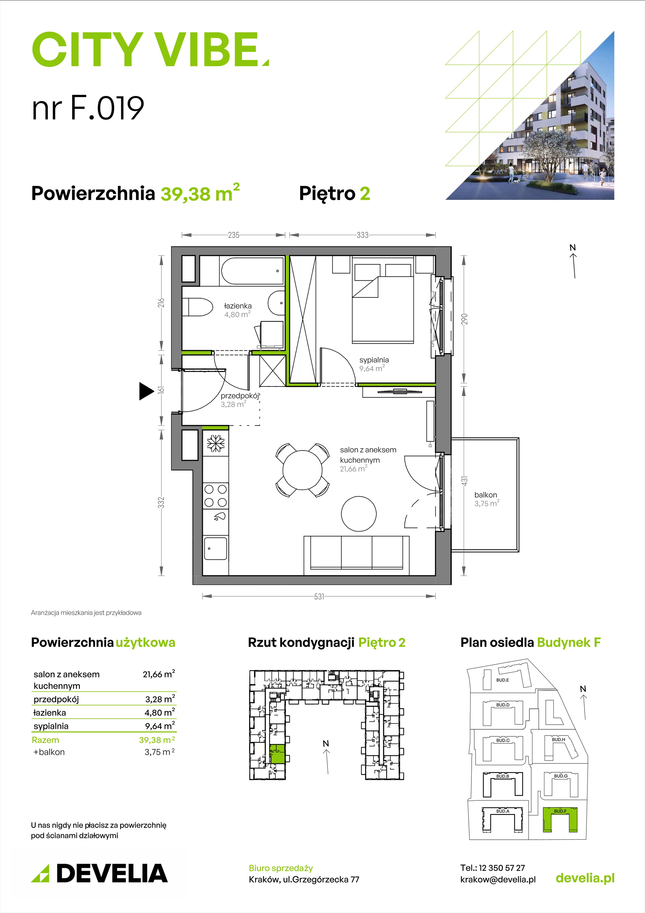 Mieszkanie 39,38 m², piętro 2, oferta nr F/019, City Vibe etap V, Kraków, Podgórze, Płaszów, ul. Myśliwska 68