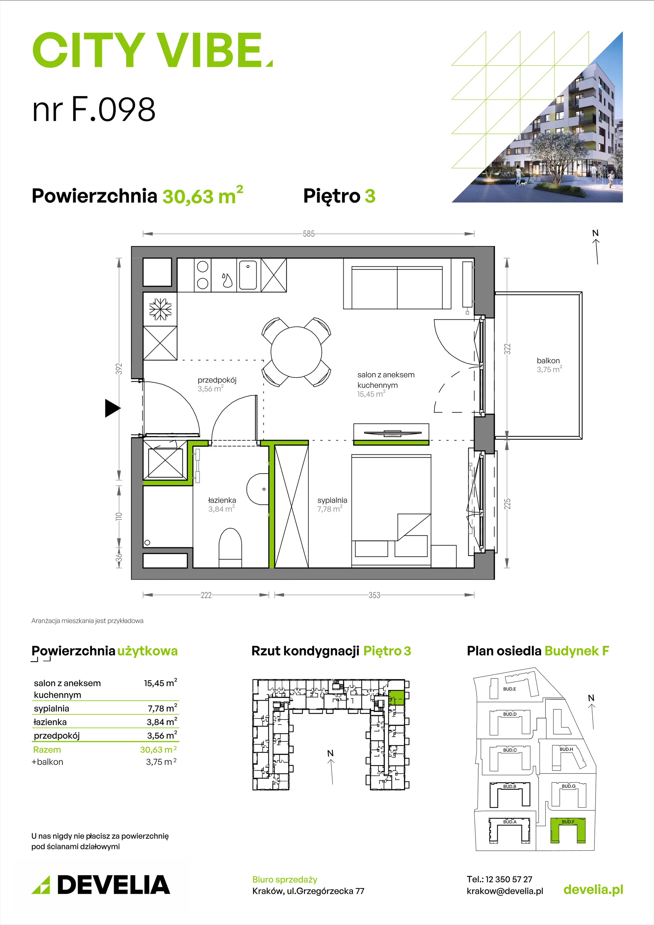 Mieszkanie 30,63 m², piętro 3, oferta nr F/098, City Vibe etap V, Kraków, Podgórze, Płaszów, ul. Myśliwska 68