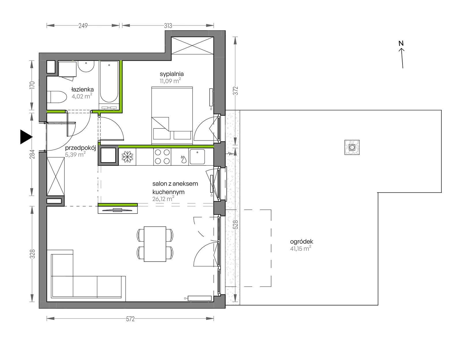 2 pokoje, mieszkanie 46,62 m², parter, oferta nr F/002, City Vibe etap V, Kraków, Podgórze, Płaszów, ul. Myśliwska 68