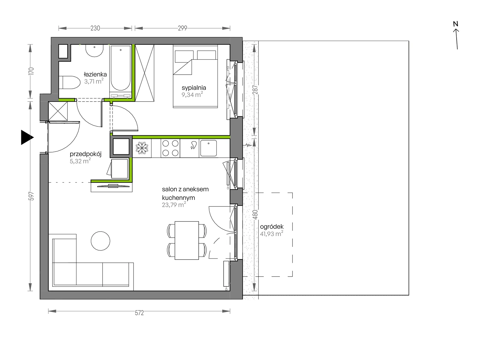 2 pokoje, mieszkanie 42,16 m², parter, oferta nr F/003, City Vibe etap V, Kraków, Podgórze, Płaszów, ul. Myśliwska 68