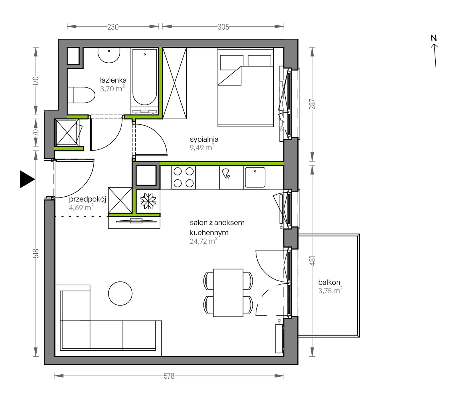 Mieszkanie 42,60 m², piętro 1, oferta nr F/009, City Vibe etap V, Kraków, Podgórze, Płaszów, ul. Myśliwska 68