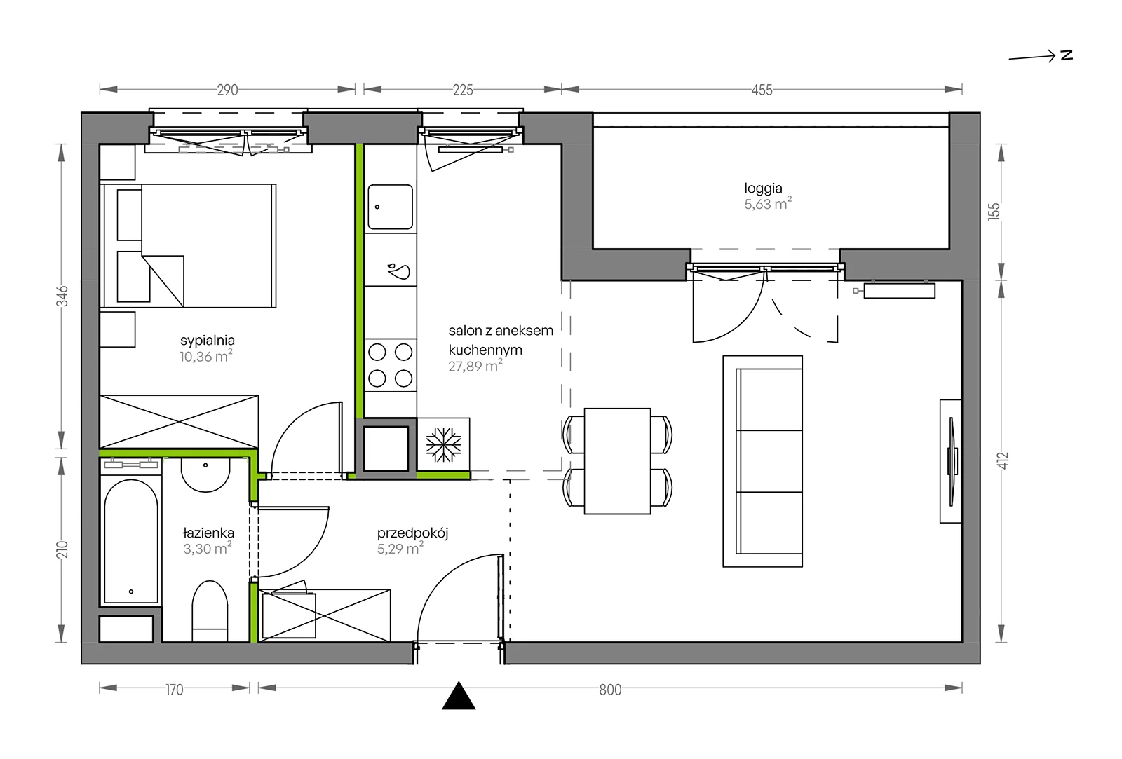 2 pokoje, mieszkanie 46,84 m², piętro 1, oferta nr F/013, City Vibe etap V, Kraków, Podgórze, Płaszów, ul. Myśliwska 68