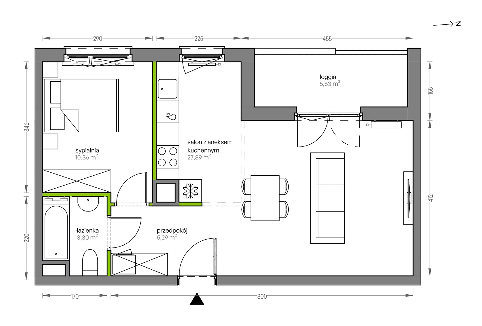 2 pokoje, mieszkanie 46,84 m², piętro 2, oferta nr F/022, City Vibe etap V, Kraków, Podgórze, Płaszów, ul. Myśliwska 68