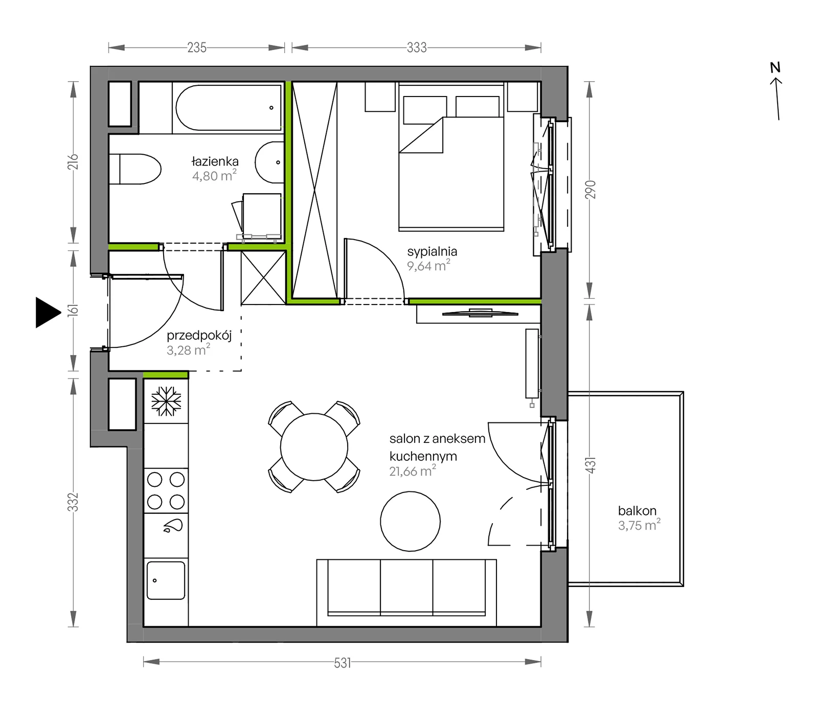 Mieszkanie 39,38 m², piętro 4, oferta nr F/037, City Vibe etap V, Kraków, Podgórze, Płaszów, ul. Myśliwska 68