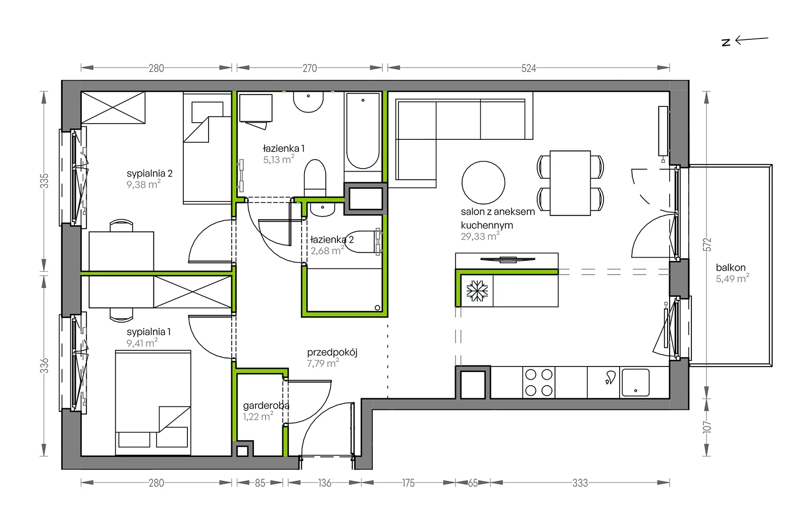 3 pokoje, mieszkanie 64,94 m², piętro 1, oferta nr F/055, City Vibe etap V, Kraków, Podgórze, Płaszów, ul. Myśliwska 68