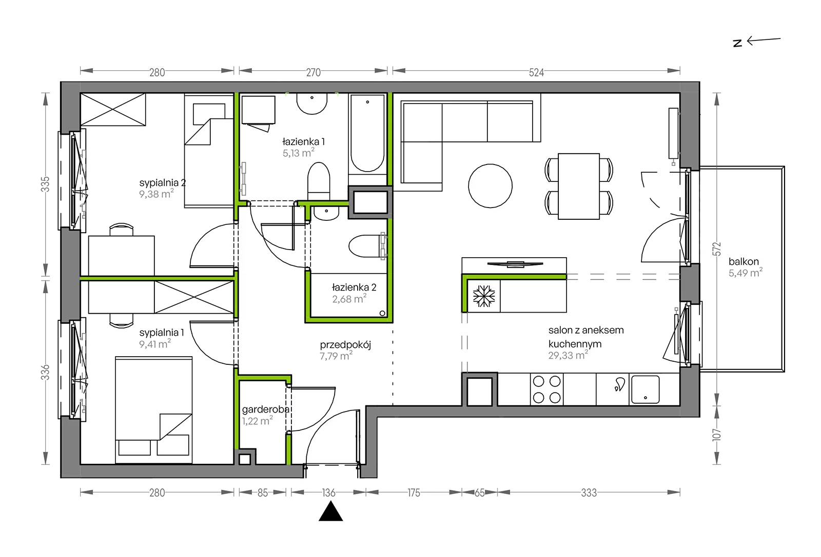 3 pokoje, mieszkanie 64,94 m², piętro 2, oferta nr F/058, City Vibe etap V, Kraków, Podgórze, Płaszów, ul. Myśliwska 68