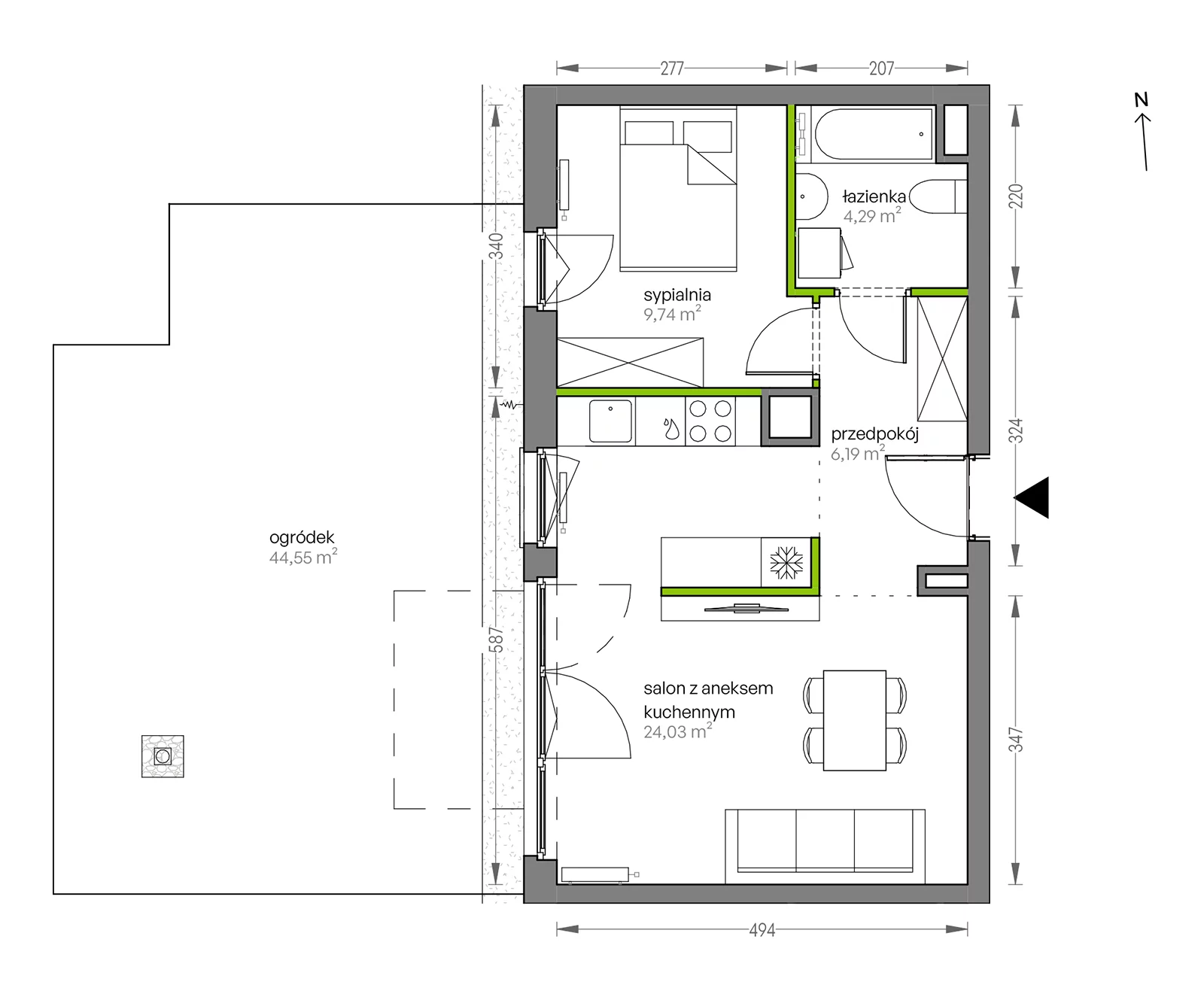 Mieszkanie 44,25 m², parter, oferta nr F/075, City Vibe etap V, Kraków, Podgórze, Płaszów, ul. Myśliwska 68