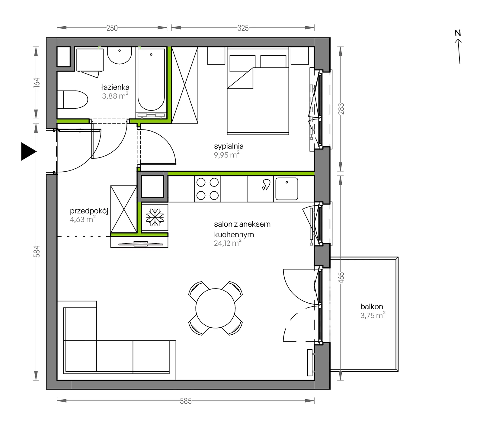 Mieszkanie 42,58 m², piętro 1, oferta nr F/080, City Vibe etap V, Kraków, Podgórze, Płaszów, ul. Myśliwska 68