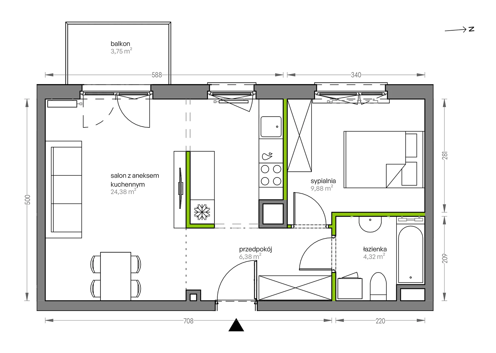 2 pokoje, mieszkanie 44,96 m², piętro 1, oferta nr F/084, City Vibe etap V, Kraków, Podgórze, Płaszów, ul. Myśliwska 68