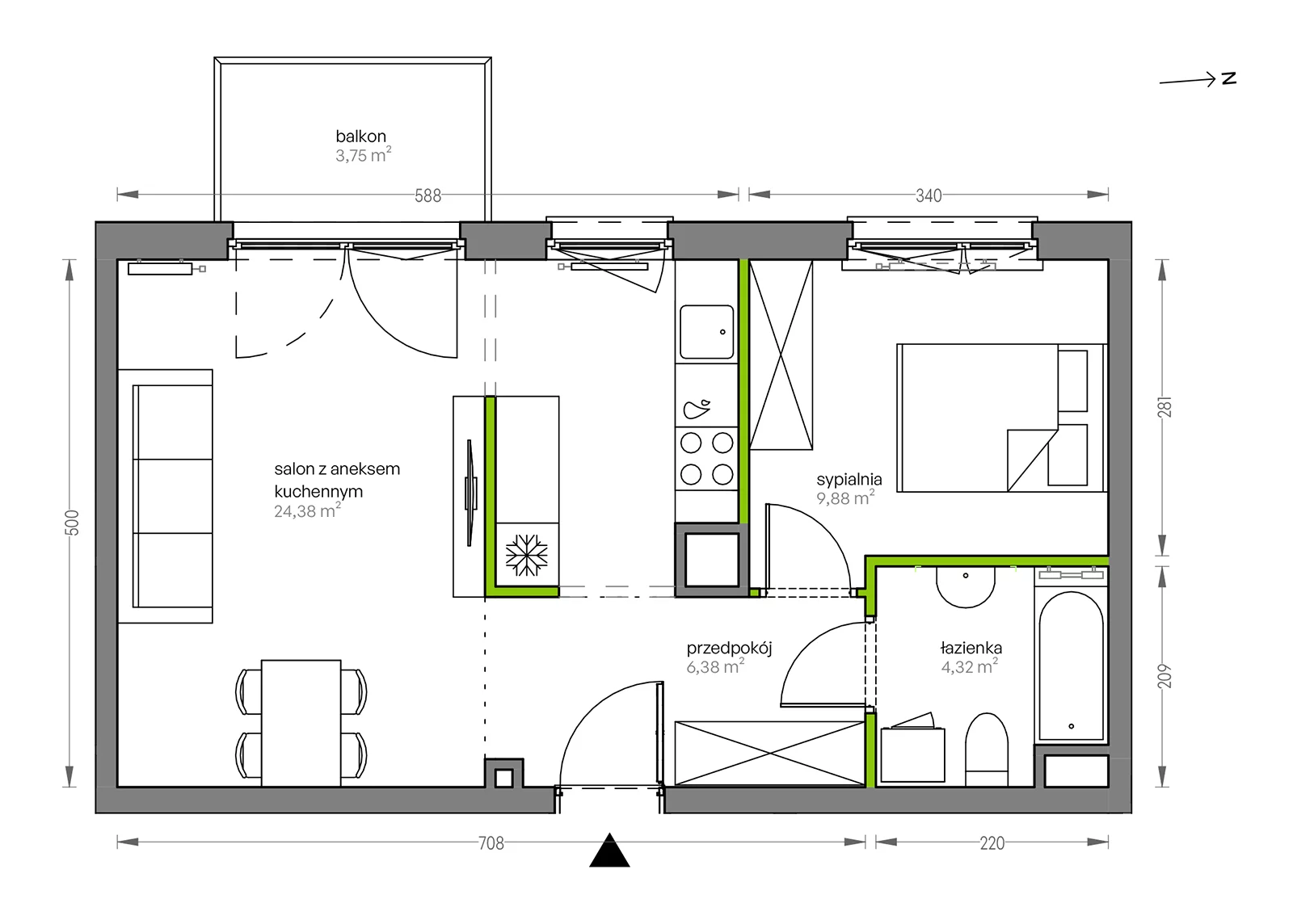 2 pokoje, mieszkanie 44,96 m², piętro 1, oferta nr F/085, City Vibe etap V, Kraków, Podgórze, Płaszów, ul. Myśliwska 68