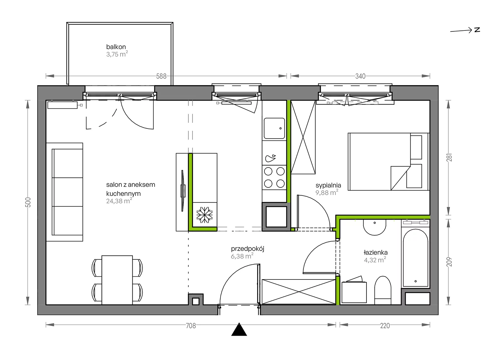 Mieszkanie 44,96 m², piętro 2, oferta nr F/094, City Vibe etap V, Kraków, Podgórze, Płaszów, ul. Myśliwska 68