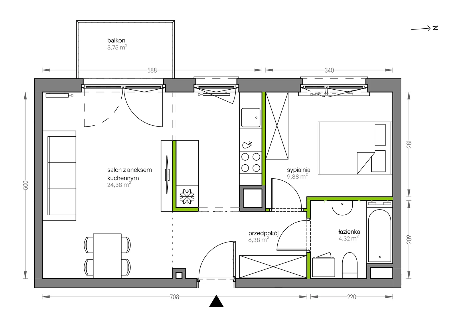 Mieszkanie 44,96 m², piętro 2, oferta nr F/095, City Vibe etap V, Kraków, Podgórze, Płaszów, ul. Myśliwska 68