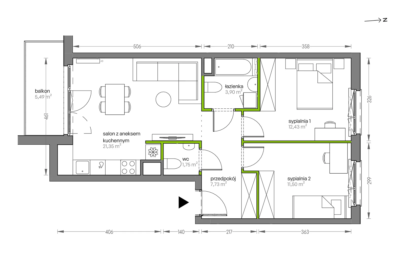 Mieszkanie 58,66 m², piętro 3, oferta nr F/096, City Vibe etap V, Kraków, Podgórze, Płaszów, ul. Myśliwska 68