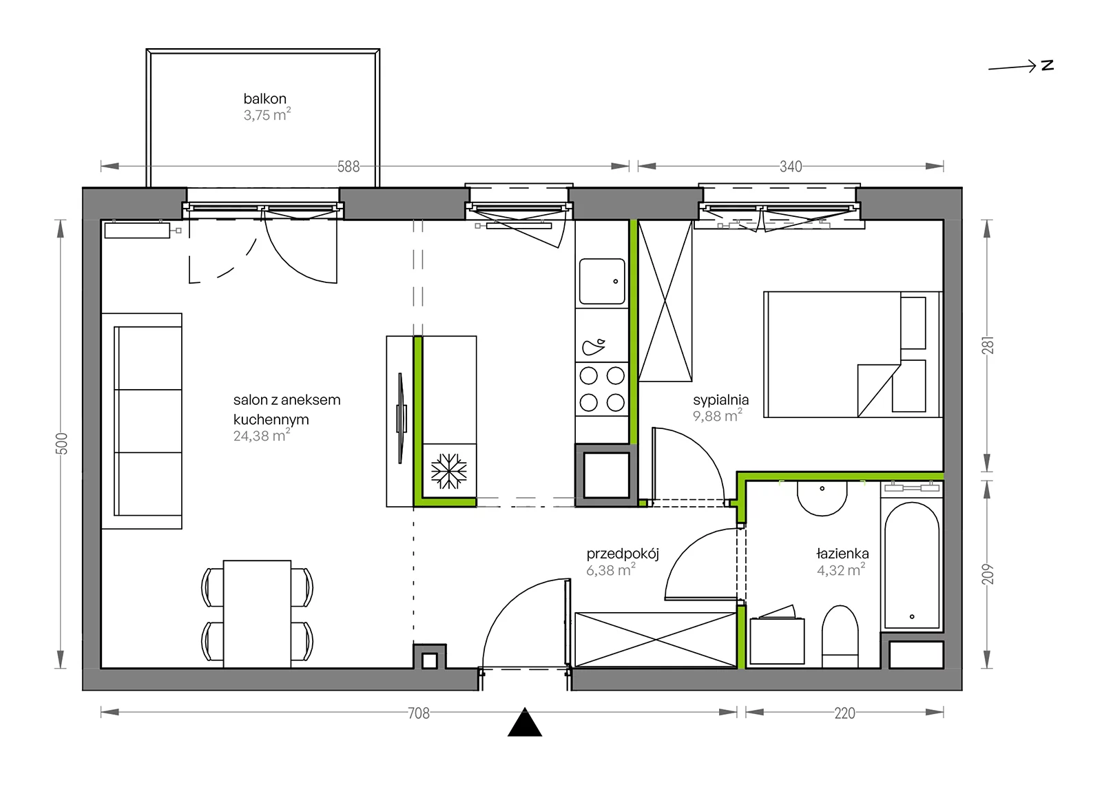 Mieszkanie 44,96 m², piętro 4, oferta nr F/114, City Vibe etap V, Kraków, Podgórze, Płaszów, ul. Myśliwska 68