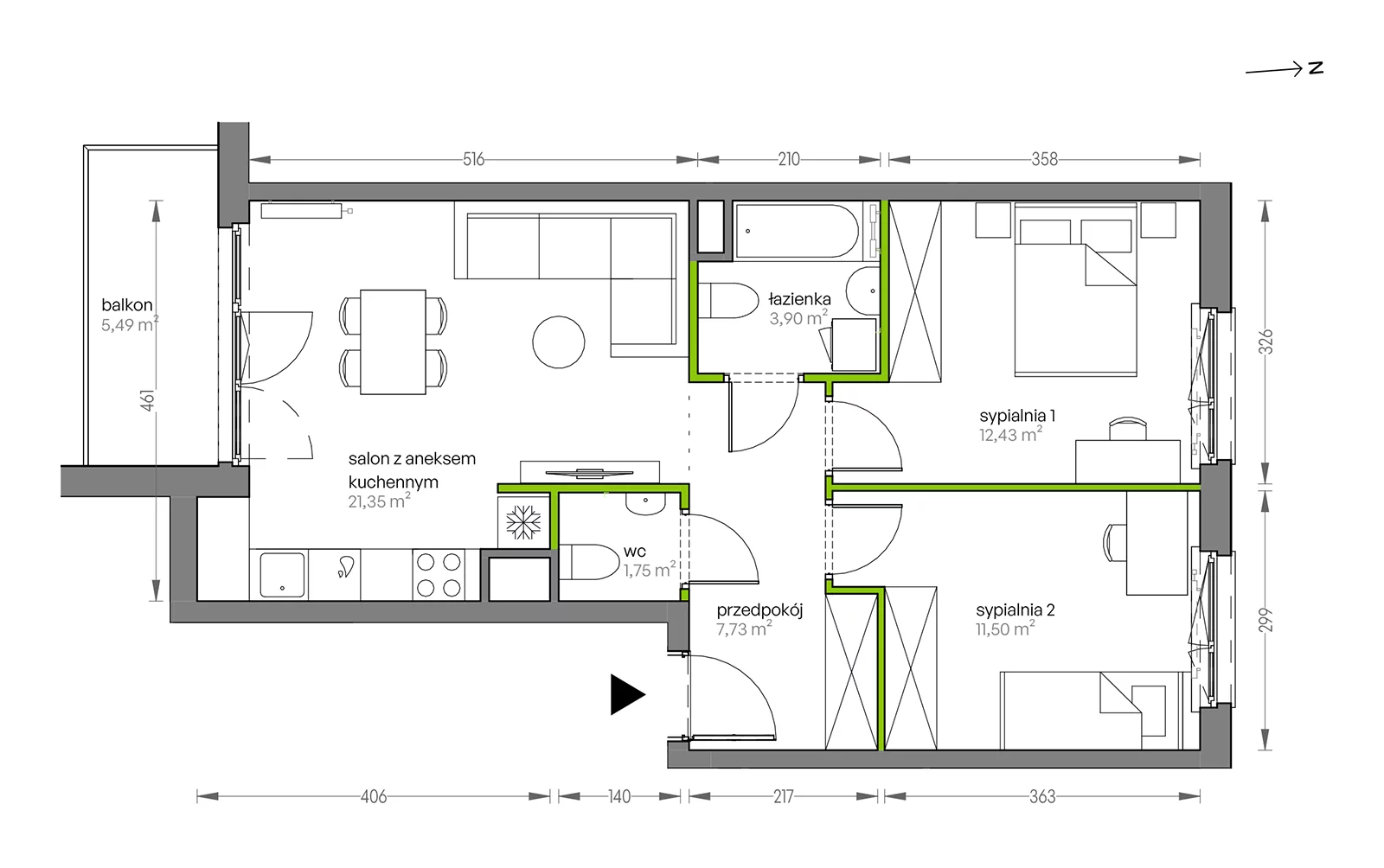 3 pokoje, mieszkanie 58,66 m², piętro 5, oferta nr F/116, City Vibe etap V, Kraków, Podgórze, Płaszów, ul. Myśliwska 68